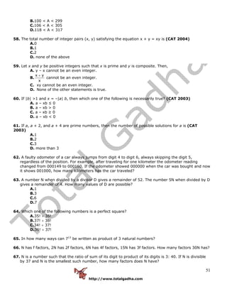 http://www.totalgadha.com
51
B.100 < A < 299
C.106 < A < 305
D.118 < A < 317
58. The total number of integer pairs (x, y) satisfying the equation x + y = xy is (CAT 2004)
A.0
B.1
C.2
D. none of the above
59. Let x and y be positive integers such that x is prime and y is composite. Then,
A. y – x cannot be an even integer.
B.
x y
x
+
cannot be an even integer.
C. xy cannot be an even integer.
D. None of the other statements is true.
60. If |b| >1 and x = –|a| b, then which one of the following is necessarily true? (CAT 2003)
A. a – xb ≤ 0
B. a – xb > 0
C. a – xb ≥ 0
D. a – xb < 0
61. If a, a + 2, and a + 4 are prime numbers, then the number of possible solutions for a is (CAT
2003)
A.1
B.2
C.3
D. more than 3
62. A faulty odometer of a car always jumps from digit 4 to digit 6, always skipping the digit 5,
regardless of the position. For example, after traveling for one kilometer the odometer reading
changed from 000149 to 000160. If the odometer showed 000000 when the car was bought and now
it shows 001000, how many kilometers has the car traveled?
63. A number N when divided by a divisor D gives a remainder of 52. The number 5N when divided by D
gives a remainder of 4. How many values of D are possible?
A.1
B.3
C.6
D.7
64. Which one of the following numbers is a perfect square?
A.35! × 36!
B.37! × 38!
C.34! × 37!
D.36! × 37!
65. In how many ways can 713
be written as product of 3 natural numbers?
66. N has f factors, 2N has 2f factors, 6N has 4f factors, 15N has 3f factors. How many factors 30N has?
67. N is a number such that the ratio of sum of its digit to product of its digits is 3: 40. If N is divisible
by 37 and N is the smallest such number, how many factors does N have?
 