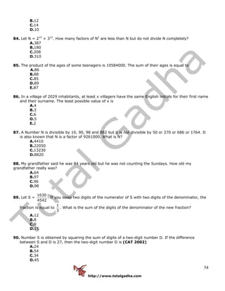 http://www.totalgadha.com
54
B.12
C.14
D.10
84. Let N = 215
× 312
. How many factors of N2
are less than N but do not divide N completely?
A.387
B.180
C.208
D.310
85. The product of the ages of some teenagers is 10584000. The sum of their ages is equal to
A.86
B.88
C.85
D.89
E.87
86. In a village of 2029 inhabitants, at least x villagers have the same English initials for their first name
and their surname. The least possible value of x is
A.4
B.3
C.6
D.5
E.2
87. A Number N is divisible by 10, 90, 98 and 882 but it is not divisible by 50 or 270 or 686 or 1764. It
is also known that N is a factor of 9261000. What is N?
A.4410
B.22050
C.13230
D.8820
88. My grandfather said he was 84 years old but he was not counting the Sundays. How old my
grandfather really was?
A.64
B.97
C.96
D.98
89. Let S =
1630
4542
. If you swap two digits of the numerator of S with two digits of the denominator, the
fraction is equal to
1
3
. What is the sum of the digits of the denominator of the new fraction?
A.12
B.8
C.9
D.15
90. Number S is obtained by squaring the sum of digits of a two-digit number D. If the difference
between S and D is 27, then the two-digit number D is (CAT 2002)
A.24
B.54
C.34
D.45
 