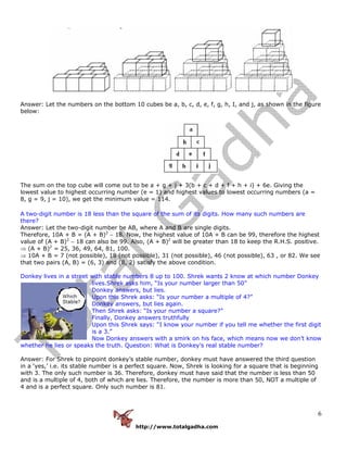 http://www.totalgadha.com
6
Answer: Let the numbers on the bottom 10 cubes be a, b, c, d, e, f, g, h, I, and j, as shown in the figure
below:
The sum on the top cube will come out to be a + g + j + 3(b + c + d + f + h + i) + 6e. Giving the
lowest value to highest occurring number (e = 1) and highest values to lowest occurring numbers (a =
8, g = 9, j = 10), we get the minimum value = 114.
A two-digit number is 18 less than the square of the sum of its digits. How many such numbers are
there?
Answer: Let the two-digit number be AB, where A and B are single digits.
Therefore, 10A + B = (A + B)2
− 18. Now, the highest value of 10A + B can be 99, therefore the highest
value of (A + B)2
− 18 can also be 99. Also, (A + B)2
will be greater than 18 to keep the R.H.S. positive.
⇒ (A + B)2
= 25, 36, 49, 64, 81, 100.
⇒ 10A + B = 7 (not possible), 18 (not possible), 31 (not possible), 46 (not possible), 63 , or 82. We see
that two pairs (A, B) = (6, 3) and (8, 2) satisfy the above condition.
Donkey lives in a street with stable numbers 8 up to 100. Shrek wants 2 know at which number Donkey
lives.Shrek asks him, “Is your number larger than 50”
Donkey answers, but lies.
Upon this Shrek asks: “Is your number a multiple of 4?”
Donkey answers, but lies again.
Then Shrek asks: “Is your number a square?”
Finally, Donkey answers truthfully
Upon this Shrek says: “I know your number if you tell me whether the first digit
is a 3.”
Now Donkey answers with a smirk on his face, which means now we don’t know
whether he lies or speaks the truth. Question: What is Donkey’s real stable number?
Answer: For Shrek to pinpoint donkey’s stable number, donkey must have answered the third question
in a ‘yes,’ i.e. its stable number is a perfect square. Now, Shrek is looking for a square that is beginning
with 3. The only such number is 36. Therefore, donkey must have said that the number is less than 50
and is a multiple of 4, both of which are lies. Therefore, the number is more than 50, NOT a multiple of
4 and is a perfect square. Only such number is 81.
 