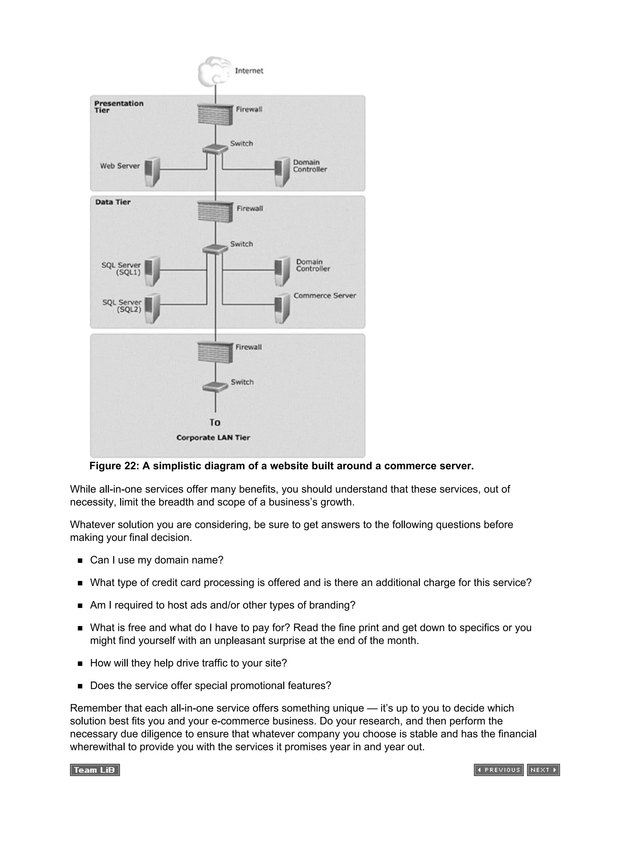Figure 22: A simplistic diagram of a website built around a commerce server.
While all-in-one services offer many benefits, you should understand that these services, out of
necessity, limit the breadth and scope of a business’s growth.
Whatever solution you are considering, be sure to get answers to the following questions before
making your final decision.
Can I use my domain name?
What type of credit card processing is offered and is there an additional charge for this service?
Am I required to host ads and/or other types of branding?
What is free and what do I have to pay for? Read the fine print and get down to specifics or you
might find yourself with an unpleasant surprise at the end of the month.
How will they help drive traffic to your site?
Does the service offer special promotional features?
Remember that each all-in-one service offers something unique — it’s up to you to decide which
solution best fits you and your e-commerce business. Do your research, and then perform the
necessary due diligence to ensure that whatever company you choose is stable and has the financial
wherewithal to provide you with the services it promises year in and year out.
 