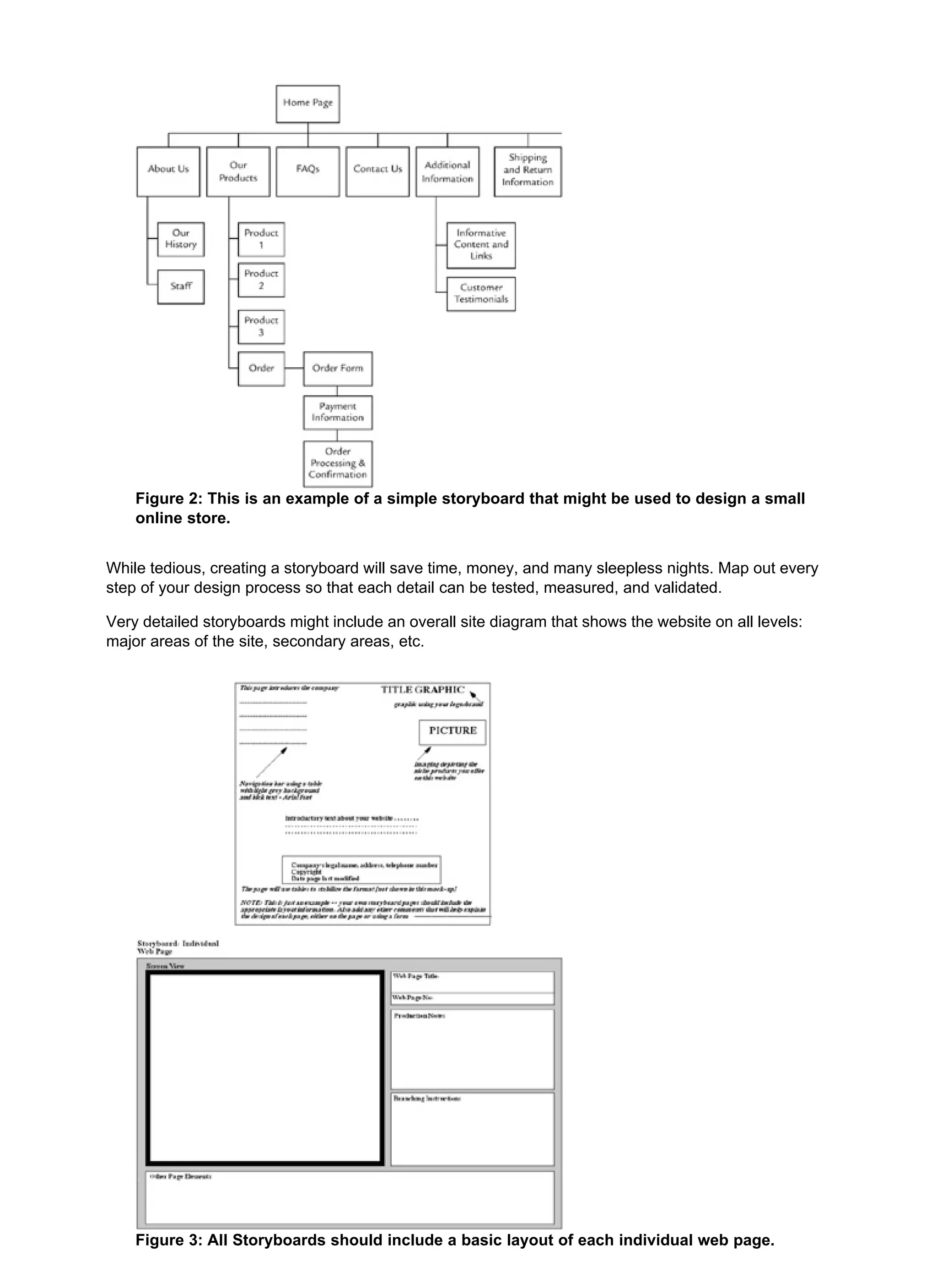 Figure 2: This is an example of a simple storyboard that might be used to design a small
online store.
While tedious, creating a storyboard will save time, money, and many sleepless nights. Map out every
step of your design process so that each detail can be tested, measured, and validated.
Very detailed storyboards might include an overall site diagram that shows the website on all levels:
major areas of the site, secondary areas, etc.
Figure 3: All Storyboards should include a basic layout of each individual web page.
 