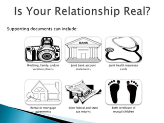 Wedding, family, and/or
vacation photos
Joint bank account
statements
Joint health insurance
cards
Rental or mortgage
agreements
Joint federal and state
tax returns
Birth certificate of
mutual children
Supporting documents can include:
 