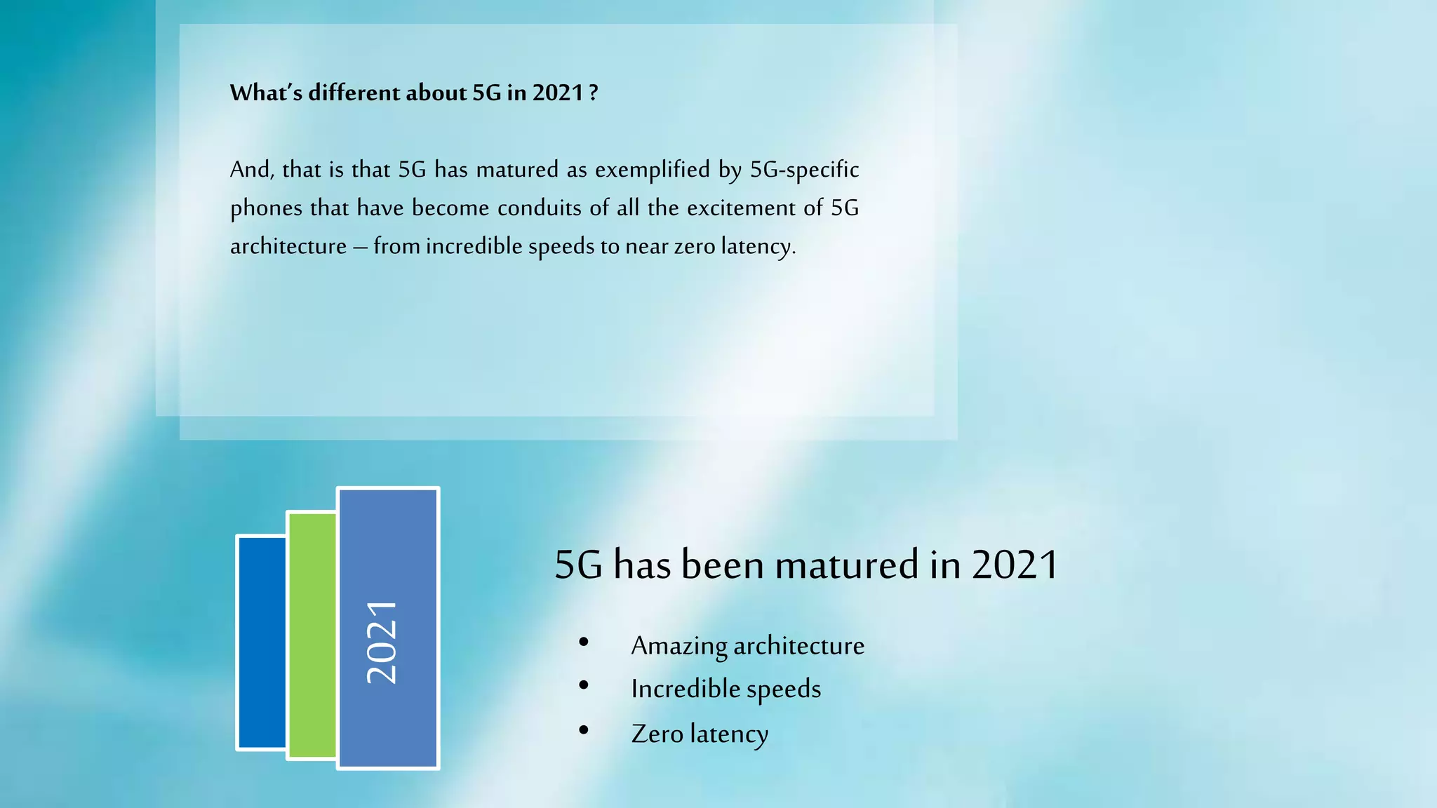 What’s different about 5G in 2021 ?
And, that is that 5G has matured as exemplified by 5G-specific
phones that have become conduits of all the excitement of 5G
architecture – fromincredible speeds tonear zerolatency.
5G hasbeen matured in 2021
• Amazingarchitecture
• Incrediblespeeds
• Zero latency
2021