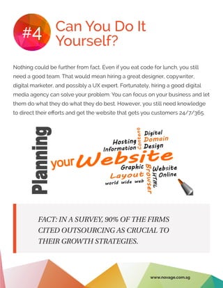 Can You Do It
Yourself?
#4
Nothing could be further from fact. Even if you eat code for lunch, you still
need a good team. That would mean hiring a great designer, copywriter,
digital marketer, and possibly a UX expert. Fortunately, hiring a good digital
media agency can solve your problem. You can focus on your business and let
them do what they do what they do best. However, you still need knowledge
to direct their efforts and get the website that gets you customers 24/7/365.
FACT: IN A SURVEY, 90% OF THE FIRMS
CITED OUTSOURCING AS CRUCIAL TO
THEIR GROWTH STRATEGIES.
www.novage.com.sg
 
