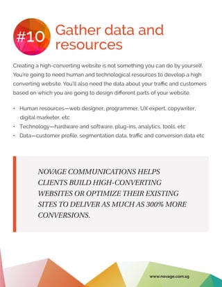 Gather data and
resources
#10
Creating a high-converting website is not something you can do by yourself.
You’re going to need human and technological resources to develop a high
converting website. You’ll also need the data about your traffic and customers
based on which you are going to design different parts of your website.
•	 Human resources—web designer, programmer, UX expert, copywriter,
digital marketer, etc
•	 Technology—hardware and software, plug-ins, analytics, tools, etc
•	 Data—customer profile, segmentation data, traffic and conversion data etc
NOVAGE COMMUNICATIONS HELPS
CLIENTS BUILD HIGH-CONVERTING
WEBSITES OR OPTIMIZE THEIR EXISTING
SITES TO DELIVER AS MUCH AS 300% MORE
CONVERSIONS.
www.novage.com.sg
 