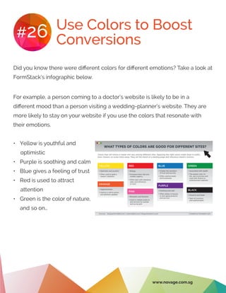 Use Colors to Boost
Conversions#26
Did you know there were different colors for different emotions? Take a look at
FormStack’s infographic below.
For example, a person coming to a doctor’s website is likely to be in a
different mood than a person visiting a wedding-planner’s website. They are
more likely to stay on your website if you use the colors that resonate with
their emotions.
•	 Yellow is youthful and
optimistic
•	 Purple is soothing and calm
•	 Blue gives a feeling of trust
•	 Red is used to attract
attention
•	 Green is the color of nature,
and so on…
www.novage.com.sg
 