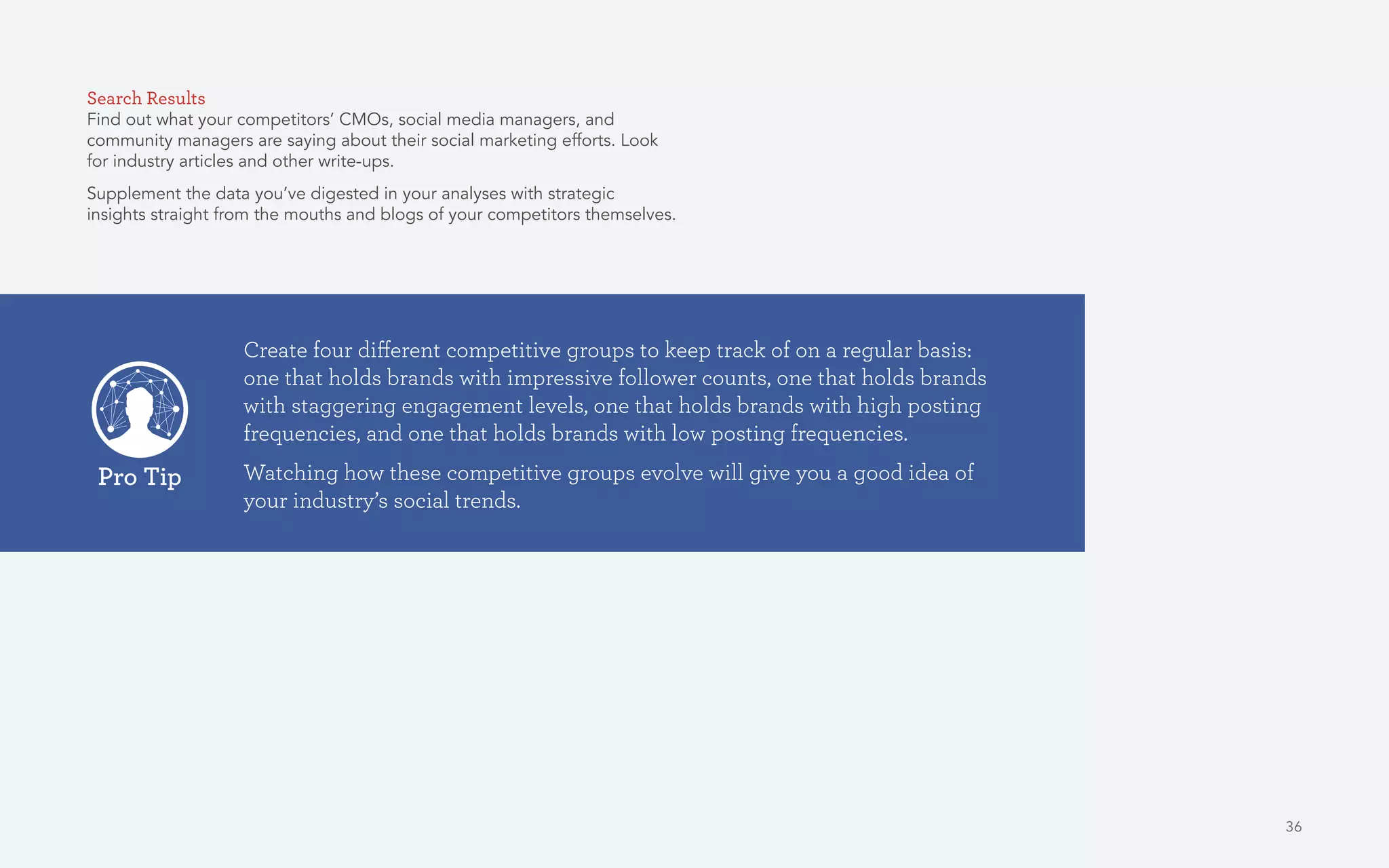 36
Search Results
Find out what your competitors’ CMOs, social media managers, and
community managers are saying about their social marketing efforts. Look
for industry articles and other write-ups.
Supplement the data you’ve digested in your analyses with strategic
insights straight from the mouths and blogs of your competitors themselves.
Create four different competitive groups to keep track of on a regular basis:
one that holds brands with impressive follower counts, one that holds brands
with staggering engagement levels, one that holds brands with high posting
frequencies, and one that holds brands with low posting frequencies.
Watching how these competitive groups evolve will give you a good idea of
your industry’s social trends.
Pro Tip
 