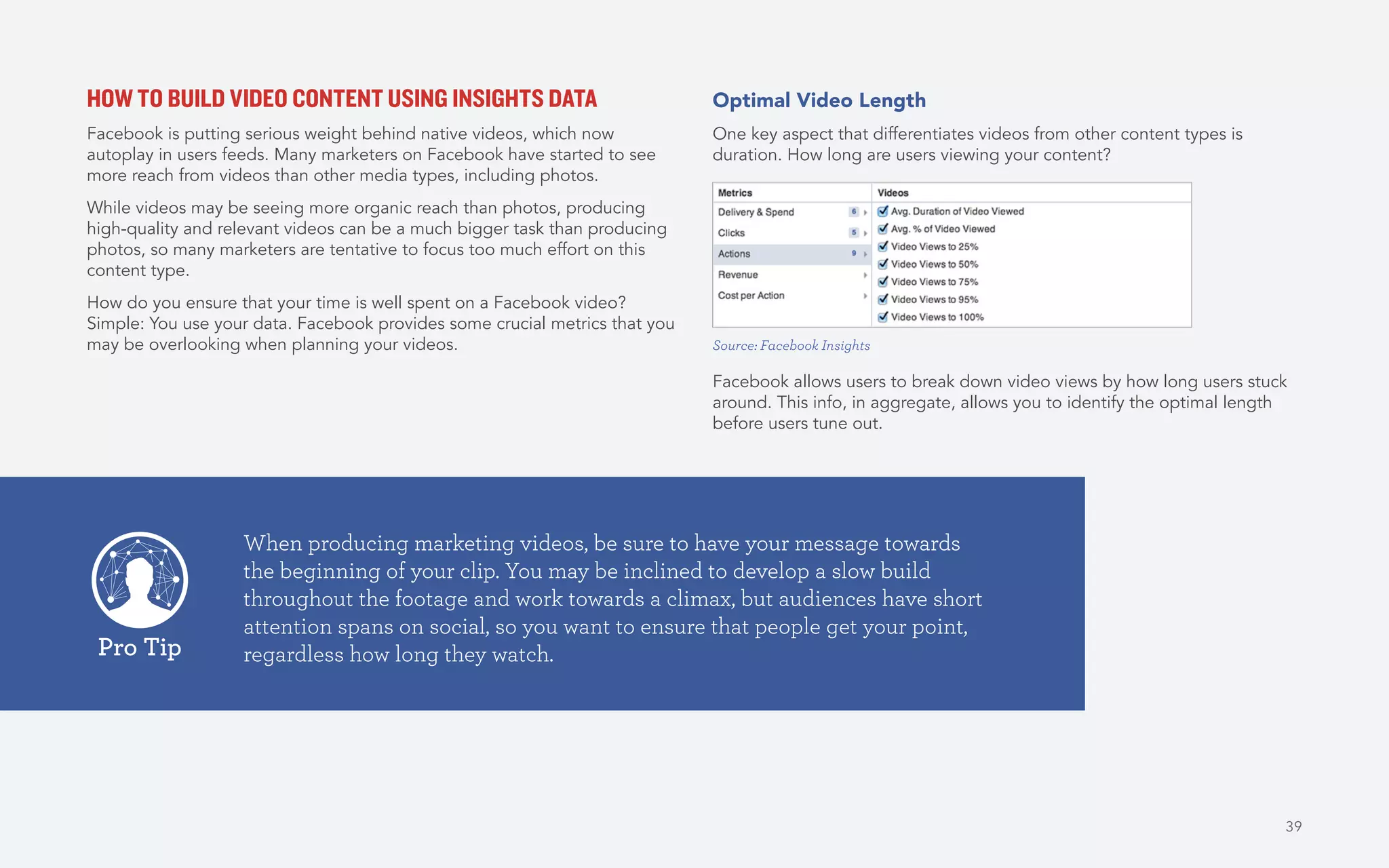 39
HOW TO BUILD VIDEO CONTENT USING INSIGHTS DATA
Facebook is putting serious weight behind native videos, which now
autoplay in users feeds. Many marketers on Facebook have started to see
more reach from videos than other media types, including photos.
While videos may be seeing more organic reach than photos, producing
high-quality and relevant videos can be a much bigger task than producing
photos, so many marketers are tentative to focus too much effort on this
content type.
How do you ensure that your time is well spent on a Facebook video?
Simple: You use your data. Facebook provides some crucial metrics that you
may be overlooking when planning your videos.
Optimal Video Length
One key aspect that differentiates videos from other content types is
duration. How long are users viewing your content?
Facebook allows users to break down video views by how long users stuck
around. This info, in aggregate, allows you to identify the optimal length
before users tune out.
Source: Facebook Insights
When producing marketing videos, be sure to have your message towards
the beginning of your clip. You may be inclined to develop a slow build
throughout the footage and work towards a climax, but audiences have short
attention spans on social, so you want to ensure that people get your point,
regardless how long they watch.Pro Tip
 