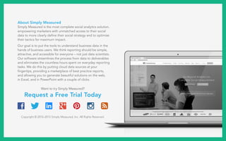 About Simply Measured
Simply Measured is the most complete social analytics solution,
empowering marketers with unmatched access to their social
data to more clearly define their social strategy and to optimize
their tactics for maximum impact.
Our goal is to put the tools to understand business data in the
hands of business users. We think reporting should be simple,
attractive, and accessible for everyone – not just data scientists.
Our software streamlines the process from data to deliverables
and eliminates the countless hours spent on everyday reporting
tasks. We do this by putting cloud data sources at your
fingertips, providing a marketplace of best practice reports,
and allowing you to generate beautiful solutions on the web,
in Excel, and in PowerPoint with a couple of clicks.
Want to try Simply Measured?
Request a Free Trial Today
Copyright © 2010–2015 Simply Measured, Inc. All Rights Reserved.
 