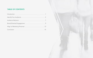 The Complete Guide to Competitive Analysis on Social
TABLE OF CONTENTS
Introduction						 1
Identify Your Audience						 2
Audience Behavior							 7
Brand-Directed Engagement						 9
Align to Marketing Personas					 13
Conclusion									 15
 