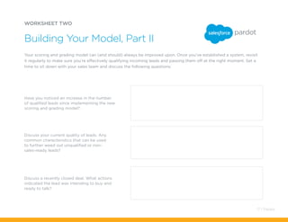 WORKSHEET TWO
Building Your Model, Part II
Have you noticed an increase in the number
of qualified leads since implementing the new
scoring and grading model?
Discuss your current quality of leads. Any
common characteristics that can be used
to further weed out unqualified or non-
sales-ready leads?
Discuss a recently closed deal. What actions
indicated the lead was intending to buy and
ready to talk?
Your scoring and grading model can (and should) always be improved upon. Once you’ve established a system, revisit
it regularly to make sure you’re effectively qualifying incoming leads and passing them off at the right moment. Set a
time to sit down with your sales team and discuss the following questions:
17 / Pardot
 