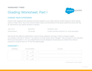 WORKSHEET THREE
Choose a few categories that represent important qualities in your ideal customer profile. Prospects will be graded
based on these criteria. See a few common options below, and remember to think about additional criteria that may
be important for your specific product or industry.
Now decide how different qualifications in each of these categories will raise or lower a prospect’s grade.
For example, a job title of “Director” may add 2/3 of a letter grade, where “Manager” may only add 1/3. Just remember
that if your base grade is a “D,” your adjustments across all categories should add up to at least 9/3 so that it’s
possible for a lead to reach an “A” from the default grade.
(Continued on next page)
Grading Worksheet, Part I
CRITERIA ADJUSTMENT VALUES
JOB TITLE
DEPARTMENT
INDUSTRY
LOCATION
COMPANY SIZE
OTHER CRITERIA SPECIFIC TO YOUR BUSINESS
CHOOSE YOUR CATEGORIES
CATEGORY 1
+/- __ /3
+/- __ /3
+/- __ /3
18 / Pardot
 