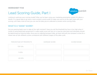 WORKSHEET FIVE
Lead Scoring Guide, Part I
percentage of prospects average score score range
Looking to optimize your scoring model? After you’ve been using your marketing automation system for about a
month, it’s a good idea to go back in and conduct a quick audit to make sure you’re on the right track with your
scoring. Let’s take a look at how you can use the data you’ve collected to answer some scoring FAQs.
Are you passing leads over to sales at the right moment? Have you set the threshold too low or too high when it
comes to automated lead assignment? A sales-ready score will vary on a case-by-case basis and ultimately should
be determined by historical data. Once you’ve collected prospect data, go back and pull your prospect scores for a
closer look at how different scores correspond with different stages of the sales cycle.
WHAT IS A “GOOD” SCORE?
top 10%
11-25%
26-50%
20 / Pardot
 