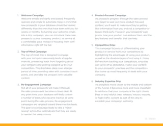 1.	 Welcome Campaign
Welcome emails are highly anticipated, frequently
opened, and simple to automate. Keep in mind that
new prospects in your database should be treated
differently than the ones that have been with you for
weeks or months. By turning your welcome emails
into a drip campaign, you can introduce these new
prospects to your company, product, or service at
a comfortable pace instead of flooding them with
information right off the bat.
2.	 Top-of-Mind Campaign
The top-of-mind drip is designed to engage
with your not quite sales-ready leads at regular
intervals, preventing leads from forgetting about
your company and getting scooped up by your
competitors. This drip takes place over a longer
period of time, providing sales with consistent touch
points, and provides the prospect with valuable
content.
3.	 Re-Engagement Campaign
Not all of your prospects will make it through
the sales process and become a closed deal. At
any given time, your database will likely contain
a number of leads who became inactive at some
point during the sales process. Re-engagement
campaigns are targeted toward these inactive leads.
The goal is to encourage leads to take a “hand-
raising” action that will indicate that they are ready
to reenter the sales process.
4.	 Product-Focused Campaign
As prospects progress through the sales process
and begin to seek out more product-focused
content, you’ll want to make sure they’re getting
that information from you and not a competitor or
biased third party. Focus on your prospects’ pain
points, how your product can address them, and the
key features and benefits that can help.
5.	 Competitive Drips
This campaign focuses on differentiating your
product or service from your competitors by
highlighting the advantages of using your product,
as well as the disadvantages of not using it. (Note:
Refrain from bashing your competitors, since this
can come off as distasteful.) Tailor your content
to your prospects’ priorities and the competitors
that come up most frequently in deals with your
company.
6.	 Industry Expertise Drip
As prospects move closer to the middle and bottom
of the funnel, it becomes more and more important
to reinforce that your company is the right choice.
Pass on any helpful press releases, industry reports,
or high-traffic content as part of this drip to
establish your company’s authority.
25 / Pardot
 