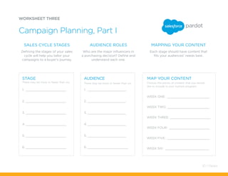 Sales Cycle Stages
Defining the stages of your sales
cycle will help you tailor your
campaigns to a buyer’s journey.
AUDIENCE ROLES
Who are the major influencers in
a purchasing decision? Define and
understand each one.
MAPPING YOUR CONTENT
Each stage should have content that
fits your audiences’ needs best.
1. ______________________
2. ______________________
3. ______________________
4. ______________________
5. ______________________
6. ______________________
1. _____________________
2. _____________________
3. _____________________
4. _____________________
5. _____________________
6. ______________________
WEEK ONE: _______________________
WEEK TWO: _______________________
WEEK THREE: ______________________
WEEK FOUR: ______________________
WEEK FIVE: _______________________
WEEK SIX: ________________________
STAGE AUDIENCE MAP YOUR CONTENT
There may be more or fewer than six. There may be more or fewer than six. Choose the pieces of content that you would
like to include in your nurture program.
WORKSHEET THREE
Campaign Planning, Part I
30 / Pardot
 