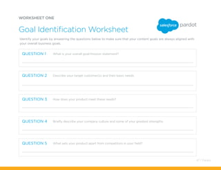 WORKSHEET ONE
Identify your goals by answering the questions below to make sure that your content goals are always aligned with
your overall business goals.
Goal Identification Worksheet
What is your overall goal/mission statement?
Describe your target customer(s) and their basic needs.
How does your product meet these needs?
Briefly describe your company culture and some of your greatest strengths.
What sets your product apart from competitors in your field?
QUESTION 1
QUESTION 2
QUESTION 3
QUESTION 4
QUESTION 5
47 / Pardot
 