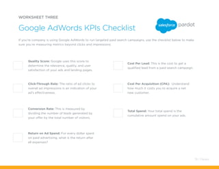 WORKSHEET THREE
Google AdWords KPIs Checklist
If you’re company is using Google AdWords to run targeted paid search campaigns, use the checklist below to make
sure you’re measuring metrics beyond clicks and impressions.
Cost Per Acquisition (CPA): Understand
how much it costs you to acquire a net
new customer.
Total Spend: Your total spend is the
cumulative amount spend on your ads.
Return on Ad Spend: For every dollar spent
on paid advertising, what is the return after
all expenses?
Quality Score: Google uses this score to
determine the relevance, quality, and user
satisfaction of your ads and landing pages.
Cost Per Lead: This is the cost to get a
qualified lead from a paid search campaign.
Conversion Rate: This is measured by
dividing the number of leads generated by
your offer by the total number of visitors.
Click-Through Rate: The ratio of ad clicks to
overall ad impressions is an indication of your
ad’s effectiveness.
78 / Pardot
 