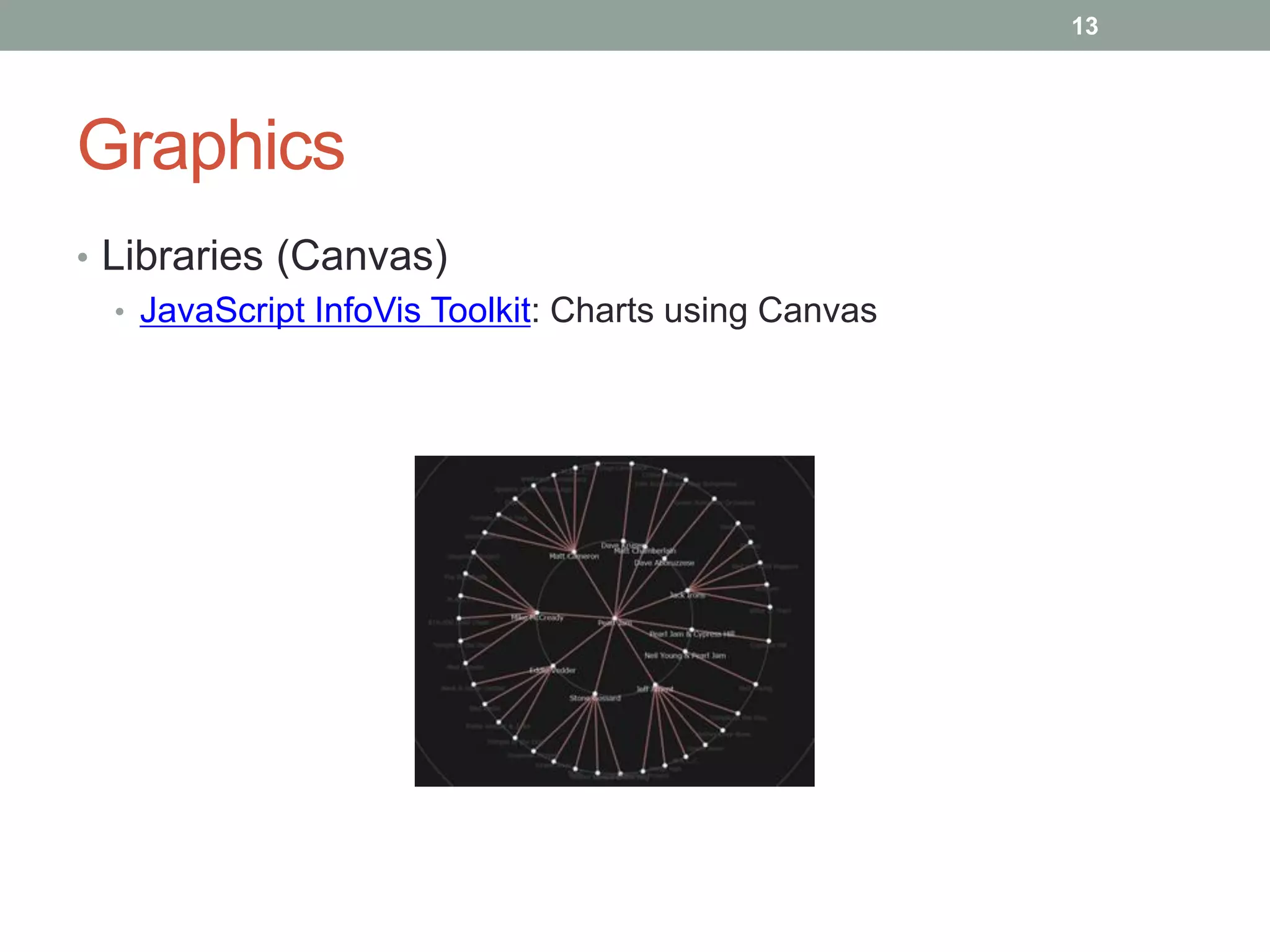 13




Graphics
• Libraries (Canvas)
   • JavaScript InfoVis Toolkit: Charts using Canvas
 