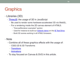 14




Graphics
• Libraries (3D)
   • ThreeJS: the usage of 3D in JavaScript
    • Be used to render some hardware-accelerated 3D via WebGL.
    • For a rendering inside the 2D canvas element of HTML5.
       • "CanvasRenderer examples" section
       • Used for instance to build our Galactic demo on the IE Test Drive.
       • Build 3D scenes working in all HTML5 browsers.


• Note
  • Combine all of these graphics effects with the usage of:
    • CSS3 2D & 3D Transforms
    • Transitions
    • Animations
  • To stay focused on Canvas & SVG in this article.
 