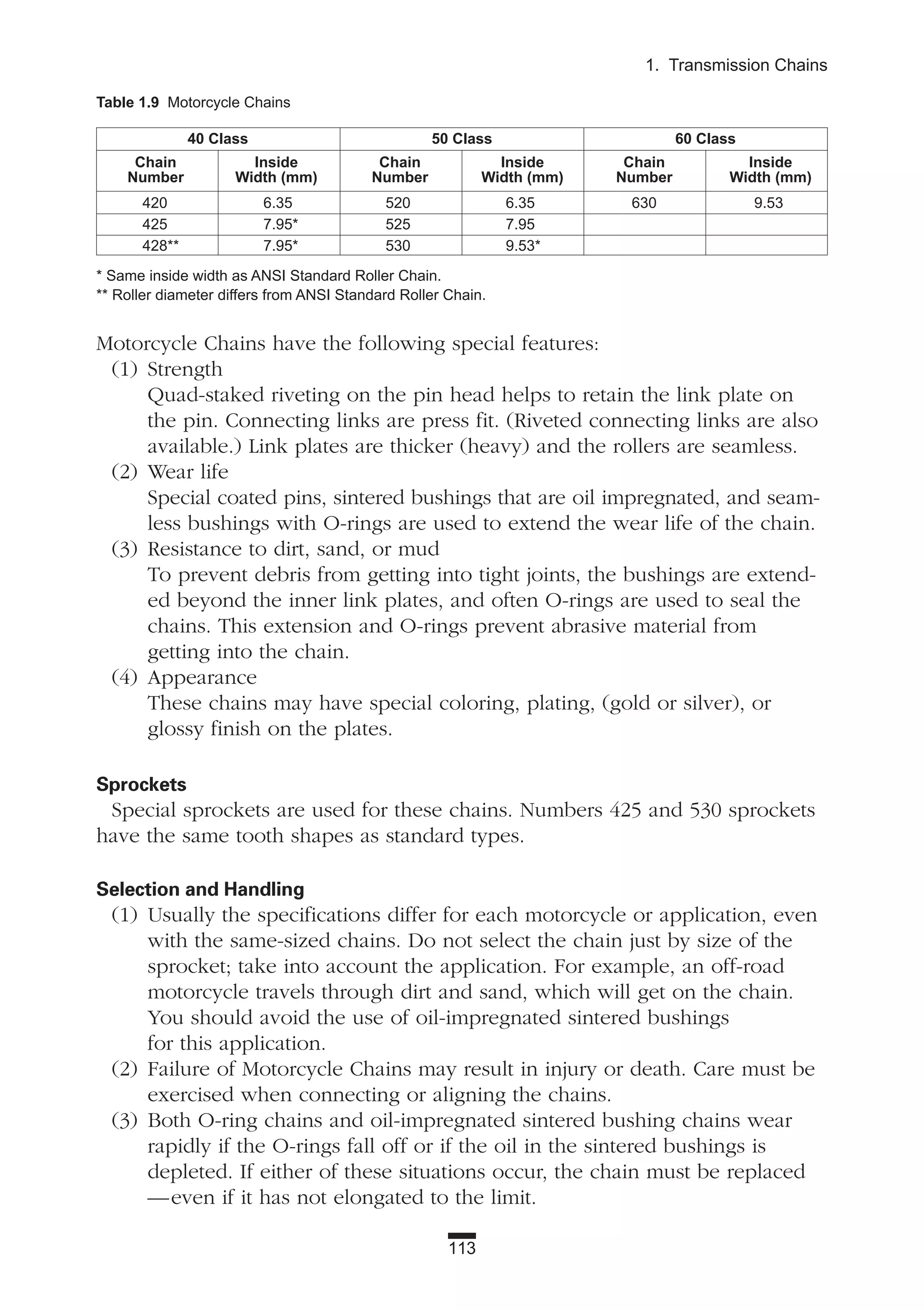 113
1. Transmission Chains
Motorcycle Chains have the following special features:
(1) Strength
Quad-staked riveting on the pin head helps to retain the link plate on
the pin. Connecting links are press fit. (Riveted connecting links are also
available.) Link plates are thicker (heavy) and the rollers are seamless.
(2) Wear life
Special coated pins, sintered bushings that are oil impregnated, and seam-
less bushings with O-rings are used to extend the wear life of the chain.
(3) Resistance to dirt, sand, or mud
To prevent debris from getting into tight joints, the bushings are extend-
ed beyond the inner link plates, and often O-rings are used to seal the
chains. This extension and O-rings prevent abrasive material from
getting into the chain.
(4) Appearance
These chains may have special coloring, plating, (gold or silver), or
glossy finish on the plates.
Sprockets
Special sprockets are used for these chains. Numbers 425 and 530 sprockets
have the same tooth shapes as standard types.
Selection and Handling
(1) Usually the specifications differ for each motorcycle or application, even
with the same-sized chains. Do not select the chain just by size of the
sprocket; take into account the application. For example, an off-road
motorcycle travels through dirt and sand, which will get on the chain.
You should avoid the use of oil-impregnated sintered bushings
for this application.
(2) Failure of Motorcycle Chains may result in injury or death. Care must be
exercised when connecting or aligning the chains.
(3) Both O-ring chains and oil-impregnated sintered bushing chains wear
rapidly if the O-rings fall off or if the oil in the sintered bushings is
depleted. If either of these situations occur, the chain must be replaced
—even if it has not elongated to the limit.
Table 1.9 Motorcycle Chains
40 Class 50 Class 60 Class
Chain Inside Chain Inside Chain Inside
Number Width (mm) Number Width (mm) Number Width (mm)
420 6.35 520 6.35 630 9.53
425 7.95* 525 7.95
428** 7.95* 530 9.53*
* Same inside width as ANSI Standard Roller Chain.
** Roller diameter differs from ANSI Standard Roller Chain.
 