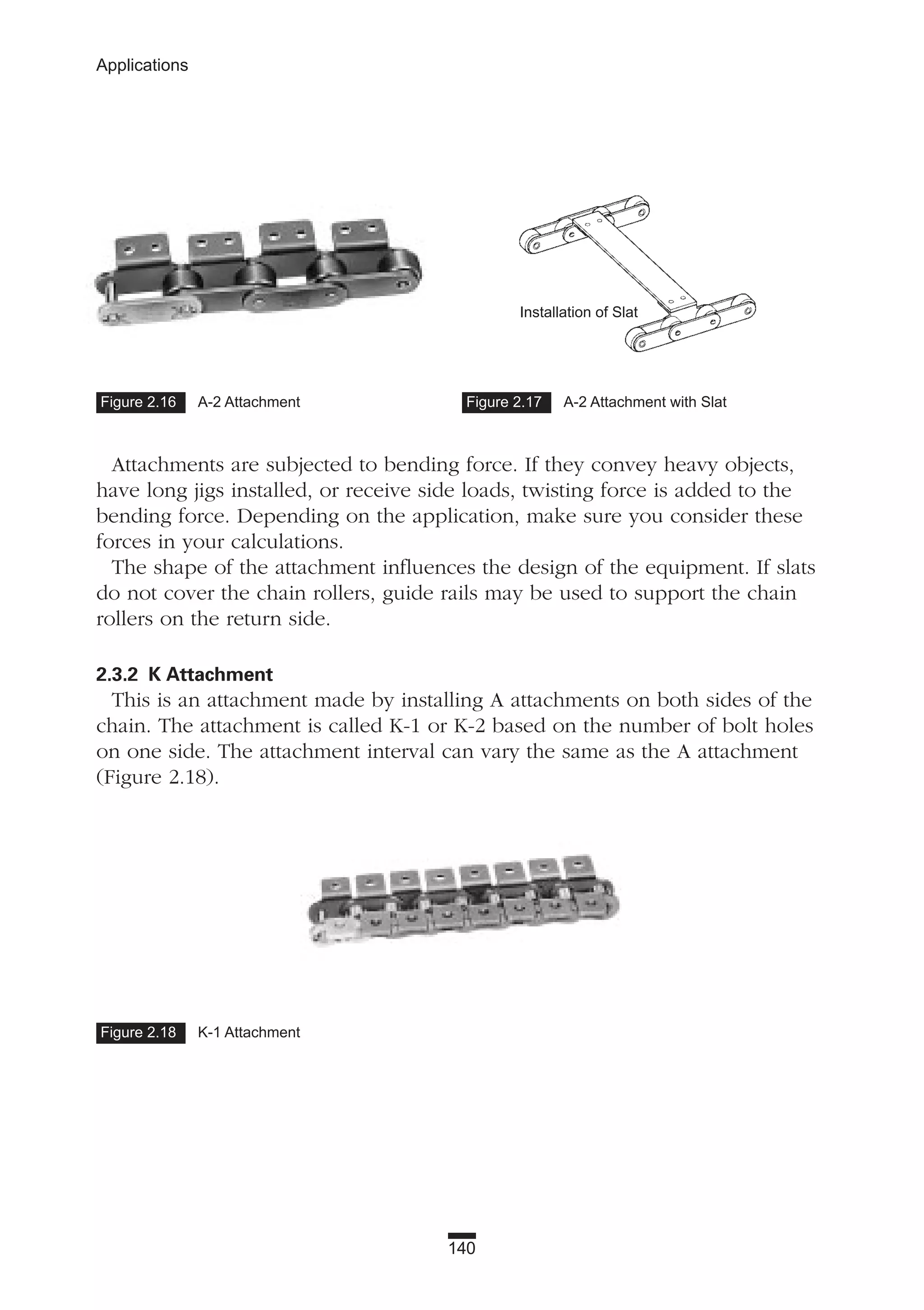 140
Applications
Attachments are subjected to bending force. If they convey heavy objects,
have long jigs installed, or receive side loads, twisting force is added to the
bending force. Depending on the application, make sure you consider these
forces in your calculations.
The shape of the attachment influences the design of the equipment. If slats
do not cover the chain rollers, guide rails may be used to support the chain
rollers on the return side.
2.3.2 K Attachment
This is an attachment made by installing A attachments on both sides of the
chain. The attachment is called K-1 or K-2 based on the number of bolt holes
on one side. The attachment interval can vary the same as the A attachment
(Figure 2.18).
Figure 2.16 A-2 Attachment Figure 2.17 A-2 Attachment with Slat
Figure 2.18 K-1 Attachment
Installation of Slat
 