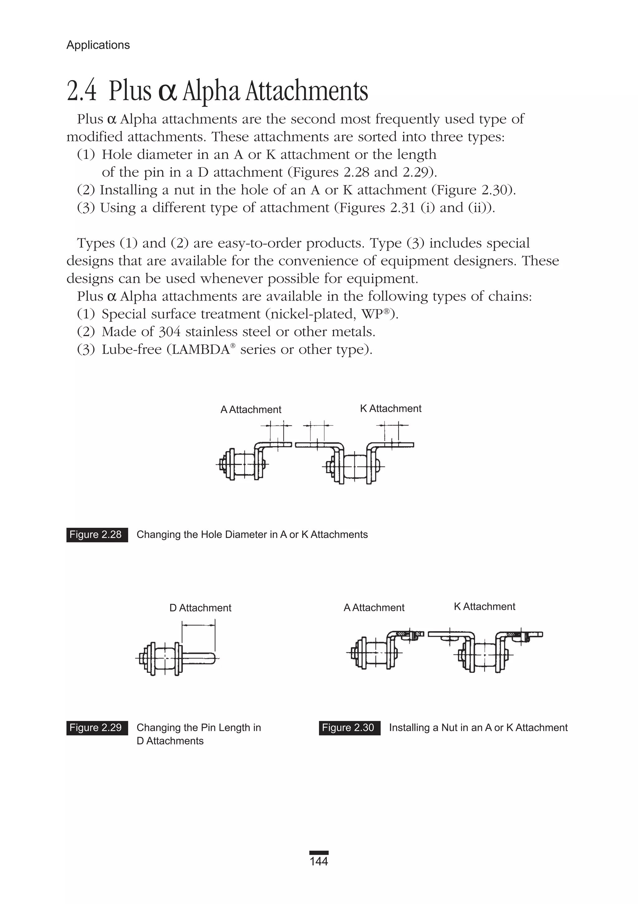 144
Applications
2.4 Plus α Alpha Attachments
Plus α Alpha attachments are the second most frequently used type of
modified attachments. These attachments are sorted into three types:
(1) Hole diameter in an A or K attachment or the length
of the pin in a D attachment (Figures 2.28 and 2.29).
(2) Installing a nut in the hole of an A or K attachment (Figure 2.30).
(3) Using a different type of attachment (Figures 2.31 (i) and (ii)).
Types (1) and (2) are easy-to-order products. Type (3) includes special
designs that are available for the convenience of equipment designers. These
designs can be used whenever possible for equipment.
Plus α Alpha attachments are available in the following types of chains:
(1) Special surface treatment (nickel-plated, WP®
).
(2) Made of 304 stainless steel or other metals.
(3) Lube-free (LAMBDA®
series or other type).
Figure 2.29 Changing the Pin Length in
D Attachments
Figure 2.30 Installing a Nut in an A or K Attachment
Figure 2.28 Changing the Hole Diameter in A or K Attachments
A Attachment
D Attachment
K Attachment
A Attachment K Attachment
 
