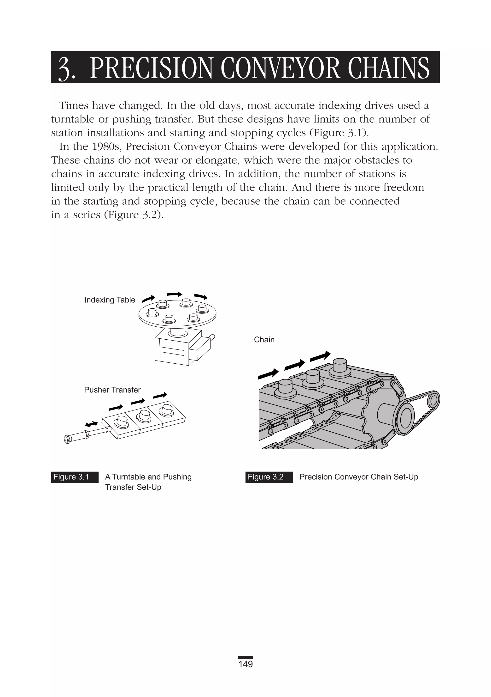 149
Figure 3.1 A Turntable and Pushing
Transfer Set-Up
Figure 3.2 Precision Conveyor Chain Set-Up
3. PRECISION CONVEYOR CHAINS
Times have changed. In the old days, most accurate indexing drives used a
turntable or pushing transfer. But these designs have limits on the number of
station installations and starting and stopping cycles (Figure 3.1).
In the 1980s, Precision Conveyor Chains were developed for this application.
These chains do not wear or elongate, which were the major obstacles to
chains in accurate indexing drives. In addition, the number of stations is
limited only by the practical length of the chain. And there is more freedom
in the starting and stopping cycle, because the chain can be connected
in a series (Figure 3.2).
Indexing Table
Chain
Pusher Transfer
 