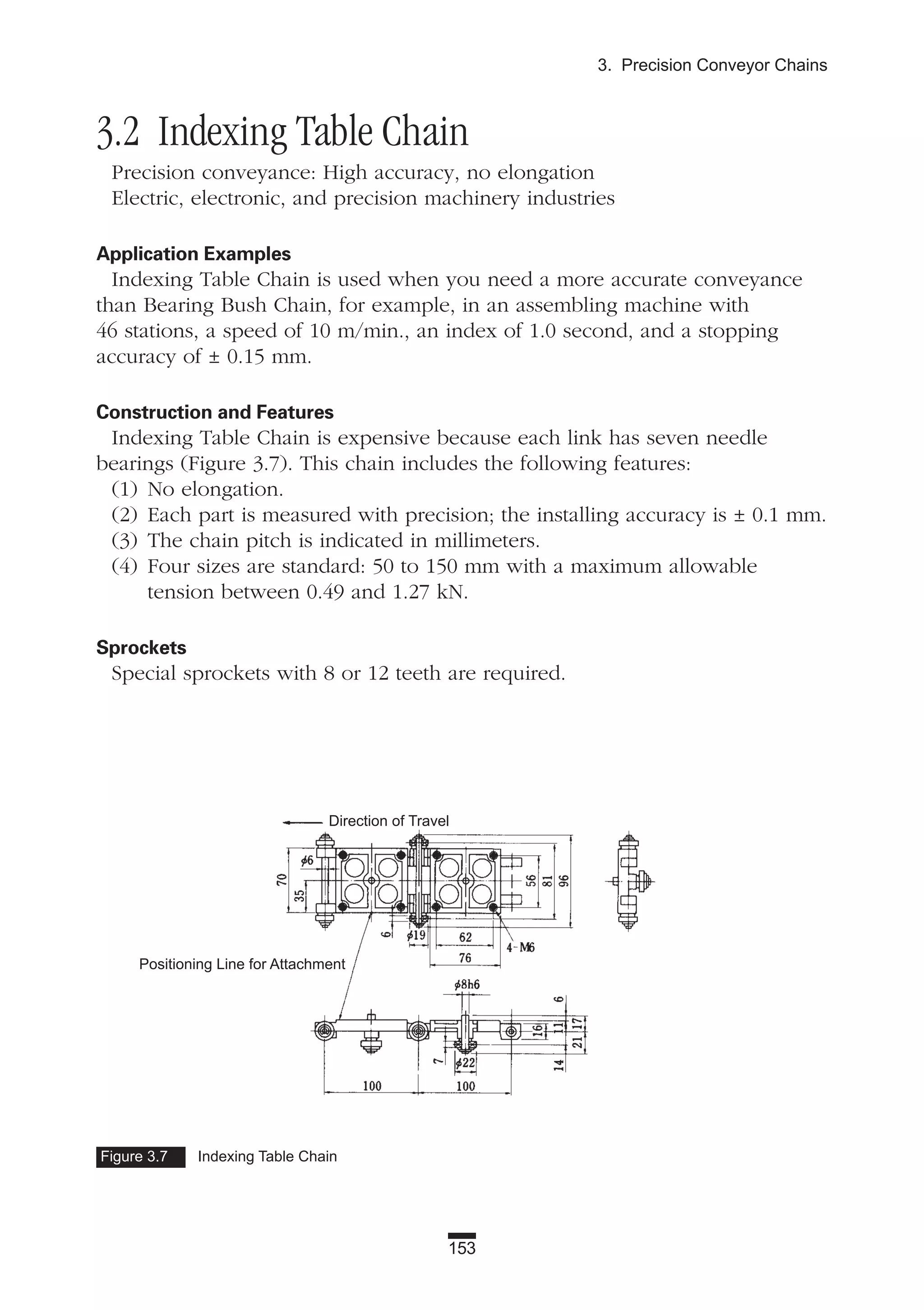 153
3. Precision Conveyor Chains
3.2 Indexing Table Chain
Precision conveyance: High accuracy, no elongation
Electric, electronic, and precision machinery industries
Application Examples
Indexing Table Chain is used when you need a more accurate conveyance
than Bearing Bush Chain, for example, in an assembling machine with
46 stations, a speed of 10 m/min., an index of 1.0 second, and a stopping
accuracy of ± 0.15 mm.
Construction and Features
Indexing Table Chain is expensive because each link has seven needle
bearings (Figure 3.7). This chain includes the following features:
(1) No elongation.
(2) Each part is measured with precision; the installing accuracy is ± 0.1 mm.
(3) The chain pitch is indicated in millimeters.
(4) Four sizes are standard: 50 to 150 mm with a maximum allowable
tension between 0.49 and 1.27 kN.
Sprockets
Special sprockets with 8 or 12 teeth are required.
Figure 3.7 Indexing Table Chain
Positioning Line for Attachment
Direction of Travel
 