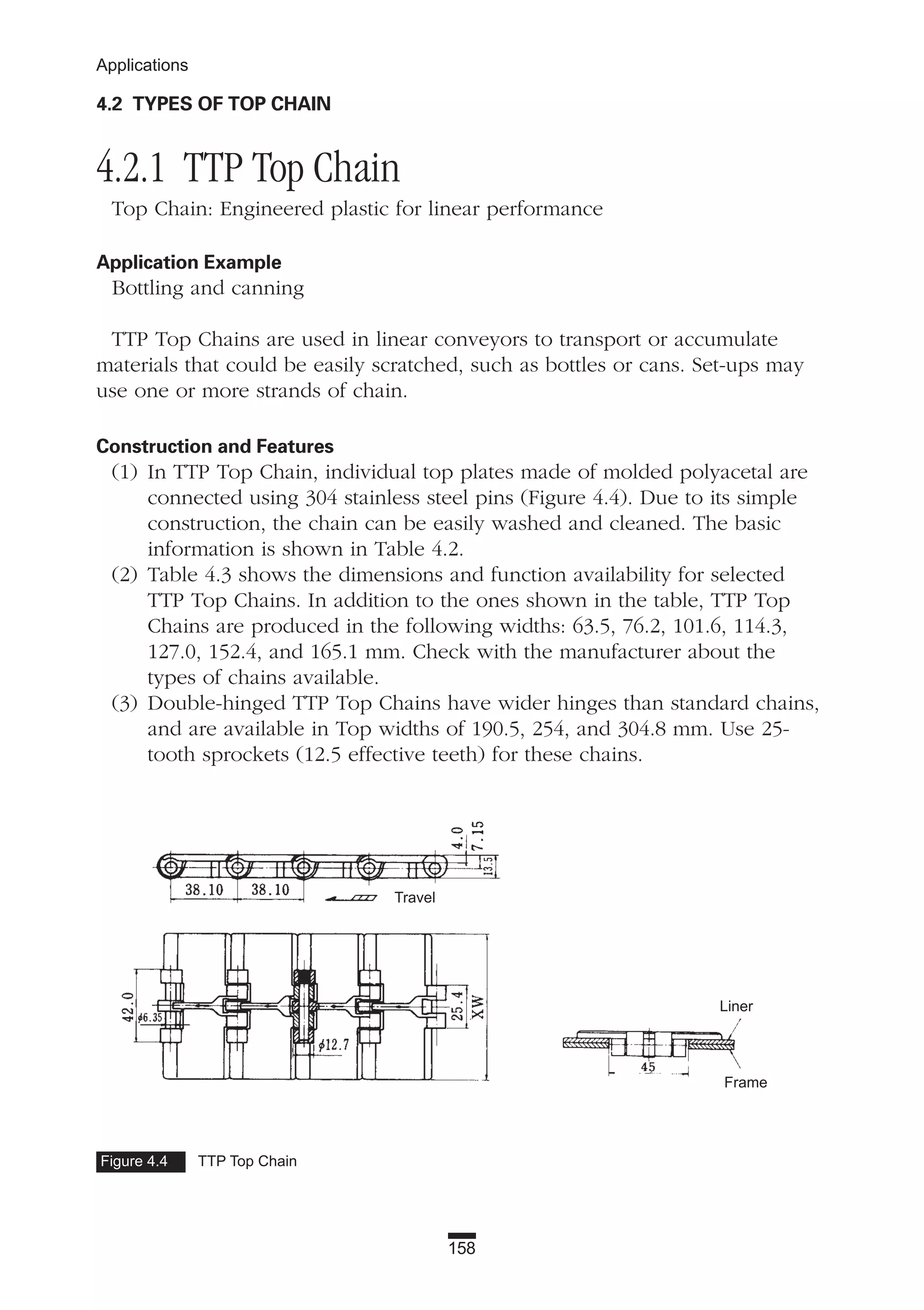 158
Applications
4.2 TYPES OF TOP CHAIN
4.2.1 TTP Top Chain
Top Chain: Engineered plastic for linear performance
Application Example
Bottling and canning
TTP Top Chains are used in linear conveyors to transport or accumulate
materials that could be easily scratched, such as bottles or cans. Set-ups may
use one or more strands of chain.
Construction and Features
(1) In TTP Top Chain, individual top plates made of molded polyacetal are
connected using 304 stainless steel pins (Figure 4.4). Due to its simple
construction, the chain can be easily washed and cleaned. The basic
information is shown in Table 4.2.
(2) Table 4.3 shows the dimensions and function availability for selected
TTP Top Chains. In addition to the ones shown in the table, TTP Top
Chains are produced in the following widths: 63.5, 76.2, 101.6, 114.3,
127.0, 152.4, and 165.1 mm. Check with the manufacturer about the
types of chains available.
(3) Double-hinged TTP Top Chains have wider hinges than standard chains,
and are available in Top widths of 190.5, 254, and 304.8 mm. Use 25-
tooth sprockets (12.5 effective teeth) for these chains.
Figure 4.4 TTP Top Chain
Travel
Liner
Frame
 