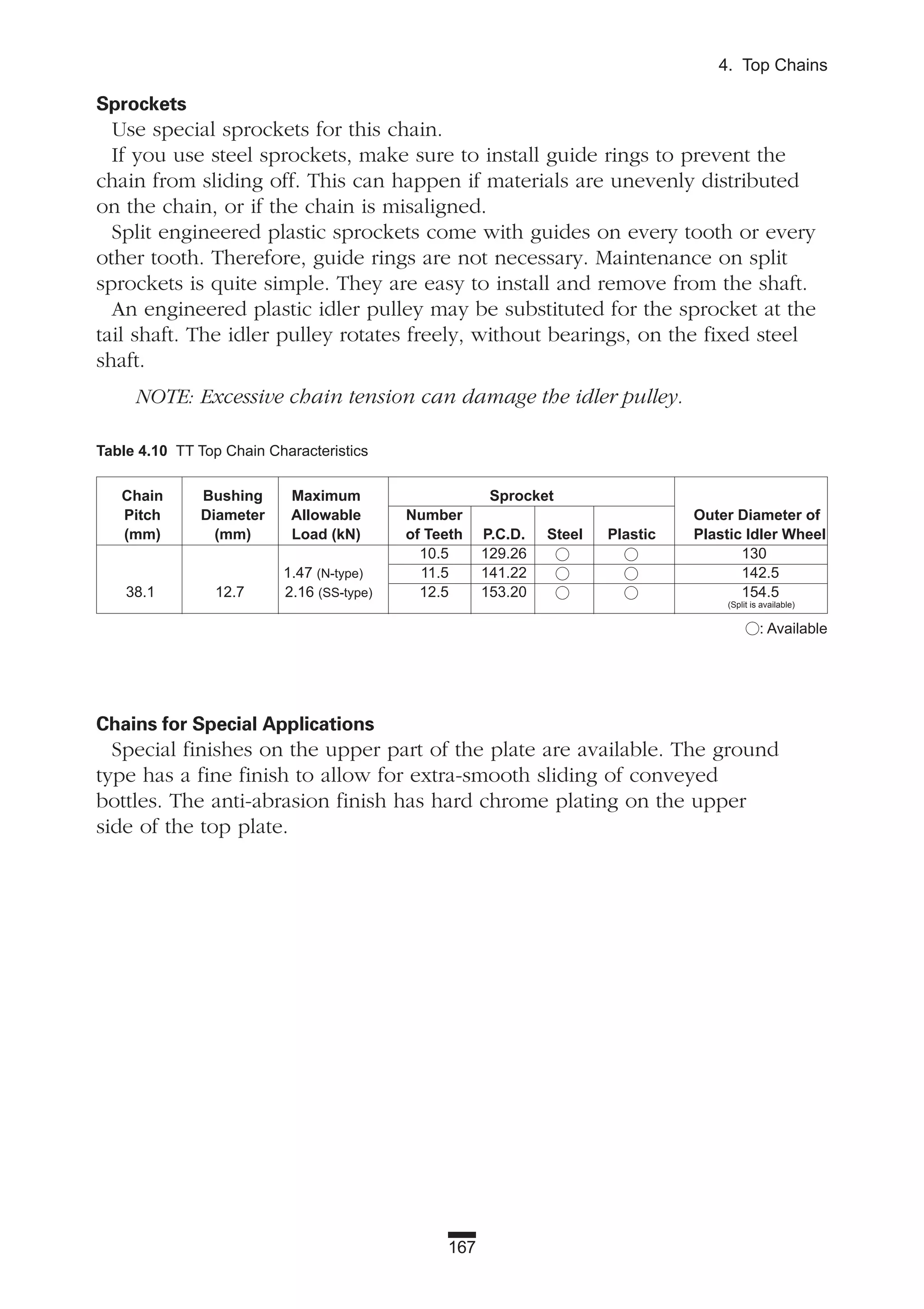 Sprockets
Use special sprockets for this chain.
If you use steel sprockets, make sure to install guide rings to prevent the
chain from sliding off. This can happen if materials are unevenly distributed
on the chain, or if the chain is misaligned.
Split engineered plastic sprockets come with guides on every tooth or every
other tooth. Therefore, guide rings are not necessary. Maintenance on split
sprockets is quite simple. They are easy to install and remove from the shaft.
An engineered plastic idler pulley may be substituted for the sprocket at the
tail shaft. The idler pulley rotates freely, without bearings, on the fixed steel
shaft.
NOTE: Excessive chain tension can damage the idler pulley.
Chains for Special Applications
Special finishes on the upper part of the plate are available. The ground
type has a fine finish to allow for extra-smooth sliding of conveyed
bottles. The anti-abrasion finish has hard chrome plating on the upper
side of the top plate.
Table 4.10 TT Top Chain Characteristics
Chain Bushing Maximum Sprocket
Pitch Diameter Allowable Number Outer Diameter of
(mm) (mm) Load (kN) of Teeth P.C.D. Steel Plastic Plastic Idler Wheel
10.5 129.26 130
1.47 (N-type) 11.5 141.22 142.5
38.1 12.7 2.16 (SS-type) 12.5 153.20 154.5
(Split is available)
167
4. Top Chains
: Available
 