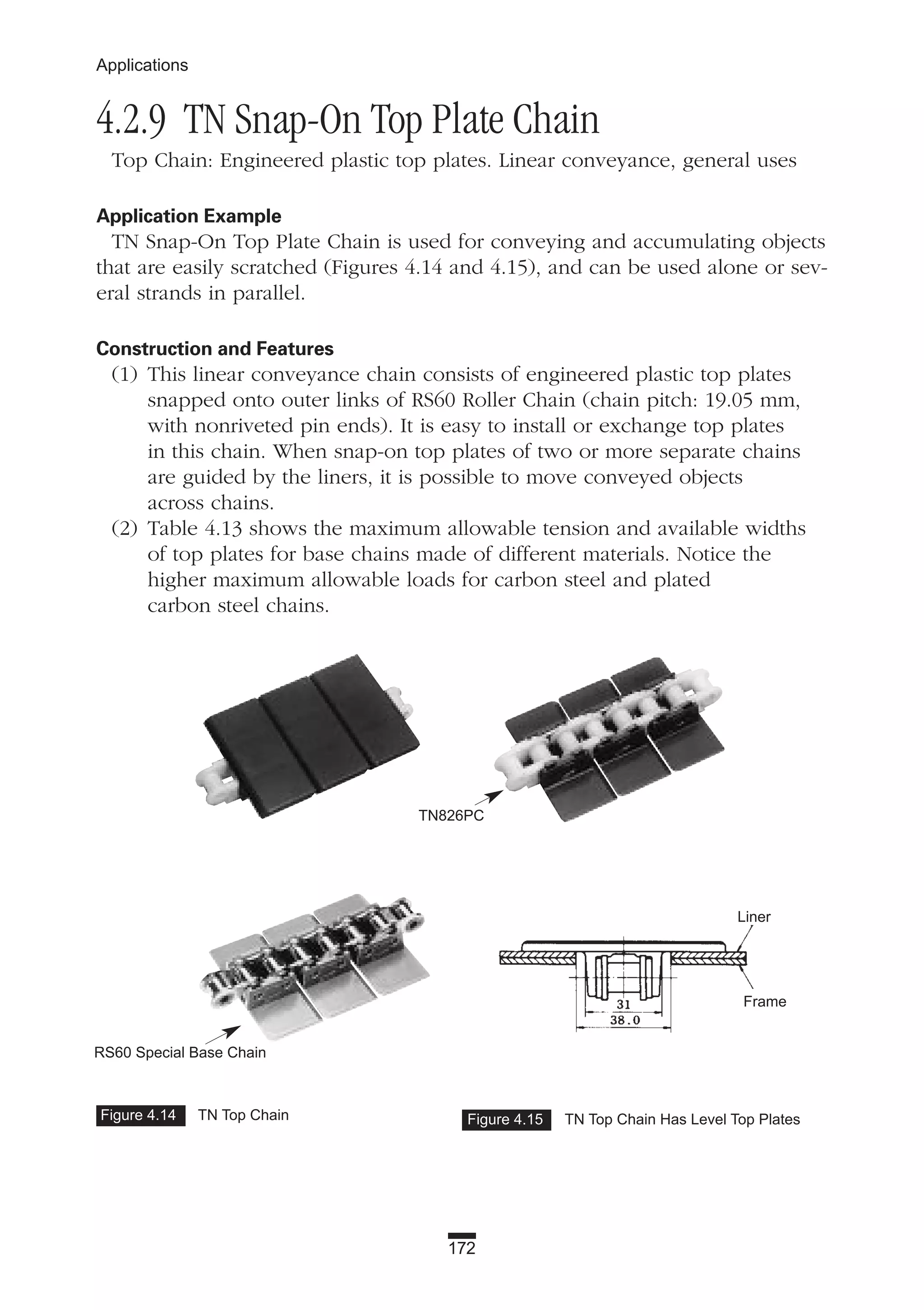 172
Applications
Figure 4.14 TN Top Chain Figure 4.15 TN Top Chain Has Level Top Plates
4.2.9 TN Snap-On Top Plate Chain
Top Chain: Engineered plastic top plates. Linear conveyance, general uses
Application Example
TN Snap-On Top Plate Chain is used for conveying and accumulating objects
that are easily scratched (Figures 4.14 and 4.15), and can be used alone or sev-
eral strands in parallel.
Construction and Features
(1) This linear conveyance chain consists of engineered plastic top plates
snapped onto outer links of RS60 Roller Chain (chain pitch: 19.05 mm,
with nonriveted pin ends). It is easy to install or exchange top plates
in this chain. When snap-on top plates of two or more separate chains
are guided by the liners, it is possible to move conveyed objects
across chains.
(2) Table 4.13 shows the maximum allowable tension and available widths
of top plates for base chains made of different materials. Notice the
higher maximum allowable loads for carbon steel and plated
carbon steel chains.
TN826PC
Liner
Frame
RS60 Special Base Chain
 