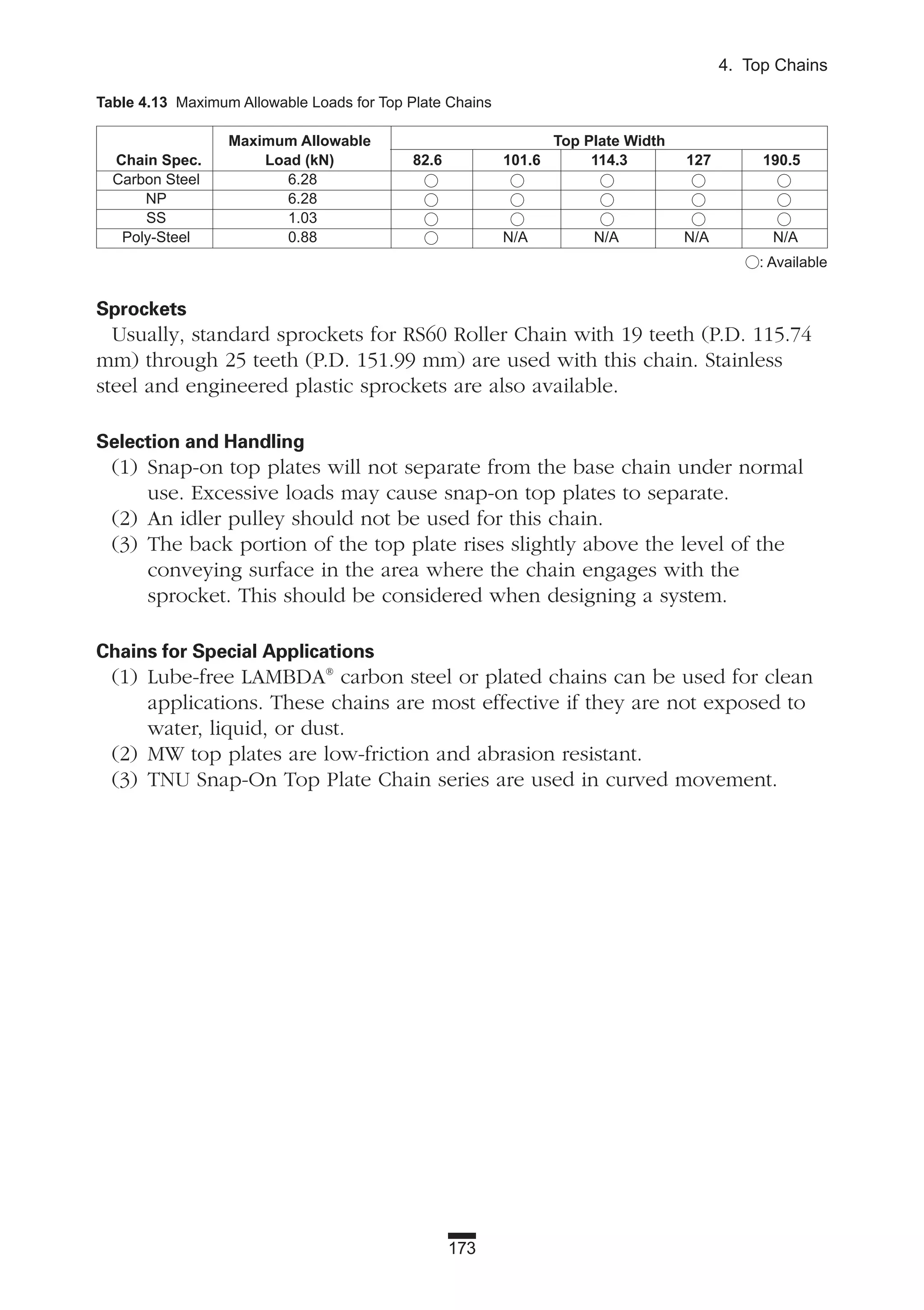 173
4. Top Chains
Sprockets
Usually, standard sprockets for RS60 Roller Chain with 19 teeth (P.D. 115.74
mm) through 25 teeth (P.D. 151.99 mm) are used with this chain. Stainless
steel and engineered plastic sprockets are also available.
Selection and Handling
(1) Snap-on top plates will not separate from the base chain under normal
use. Excessive loads may cause snap-on top plates to separate.
(2) An idler pulley should not be used for this chain.
(3) The back portion of the top plate rises slightly above the level of the
conveying surface in the area where the chain engages with the
sprocket. This should be considered when designing a system.
Chains for Special Applications
(1) Lube-free LAMBDA®
carbon steel or plated chains can be used for clean
applications. These chains are most effective if they are not exposed to
water, liquid, or dust.
(2) MW top plates are low-friction and abrasion resistant.
(3) TNU Snap-On Top Plate Chain series are used in curved movement.
Table 4.13 Maximum Allowable Loads for Top Plate Chains
Maximum Allowable Top Plate Width
Chain Spec. Load (kN) 82.6 101.6 114.3 127 190.5
Carbon Steel 6.28
NP 6.28
SS 1.03
Poly-Steel 0.88 N/A N/A N/A N/A
: Available
 