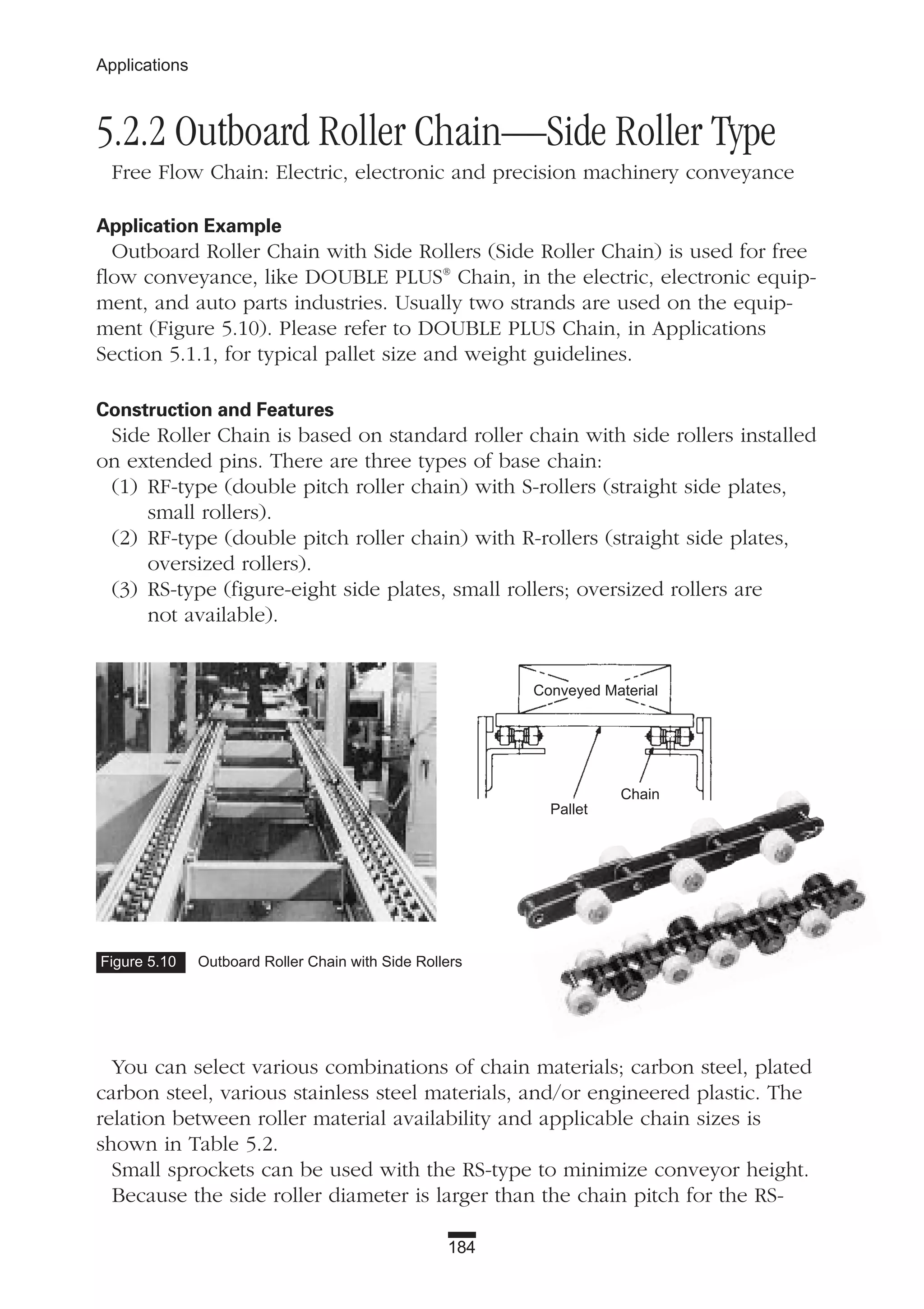 184
Applications
5.2.2 Outboard Roller Chain—Side Roller Type
Free Flow Chain: Electric, electronic and precision machinery conveyance
Application Example
Outboard Roller Chain with Side Rollers (Side Roller Chain) is used for free
flow conveyance, like DOUBLE PLUS®
Chain, in the electric, electronic equip-
ment, and auto parts industries. Usually two strands are used on the equip-
ment (Figure 5.10). Please refer to DOUBLE PLUS Chain, in Applications
Section 5.1.1, for typical pallet size and weight guidelines.
Construction and Features
Side Roller Chain is based on standard roller chain with side rollers installed
on extended pins. There are three types of base chain:
(1) RF-type (double pitch roller chain) with S-rollers (straight side plates,
small rollers).
(2) RF-type (double pitch roller chain) with R-rollers (straight side plates,
oversized rollers).
(3) RS-type (figure-eight side plates, small rollers; oversized rollers are
not available).
Figure 5.10 Outboard Roller Chain with Side Rollers
Conveyed Material
Pallet
Chain
You can select various combinations of chain materials; carbon steel, plated
carbon steel, various stainless steel materials, and/or engineered plastic. The
relation between roller material availability and applicable chain sizes is
shown in Table 5.2.
Small sprockets can be used with the RS-type to minimize conveyor height.
Because the side roller diameter is larger than the chain pitch for the RS-
 