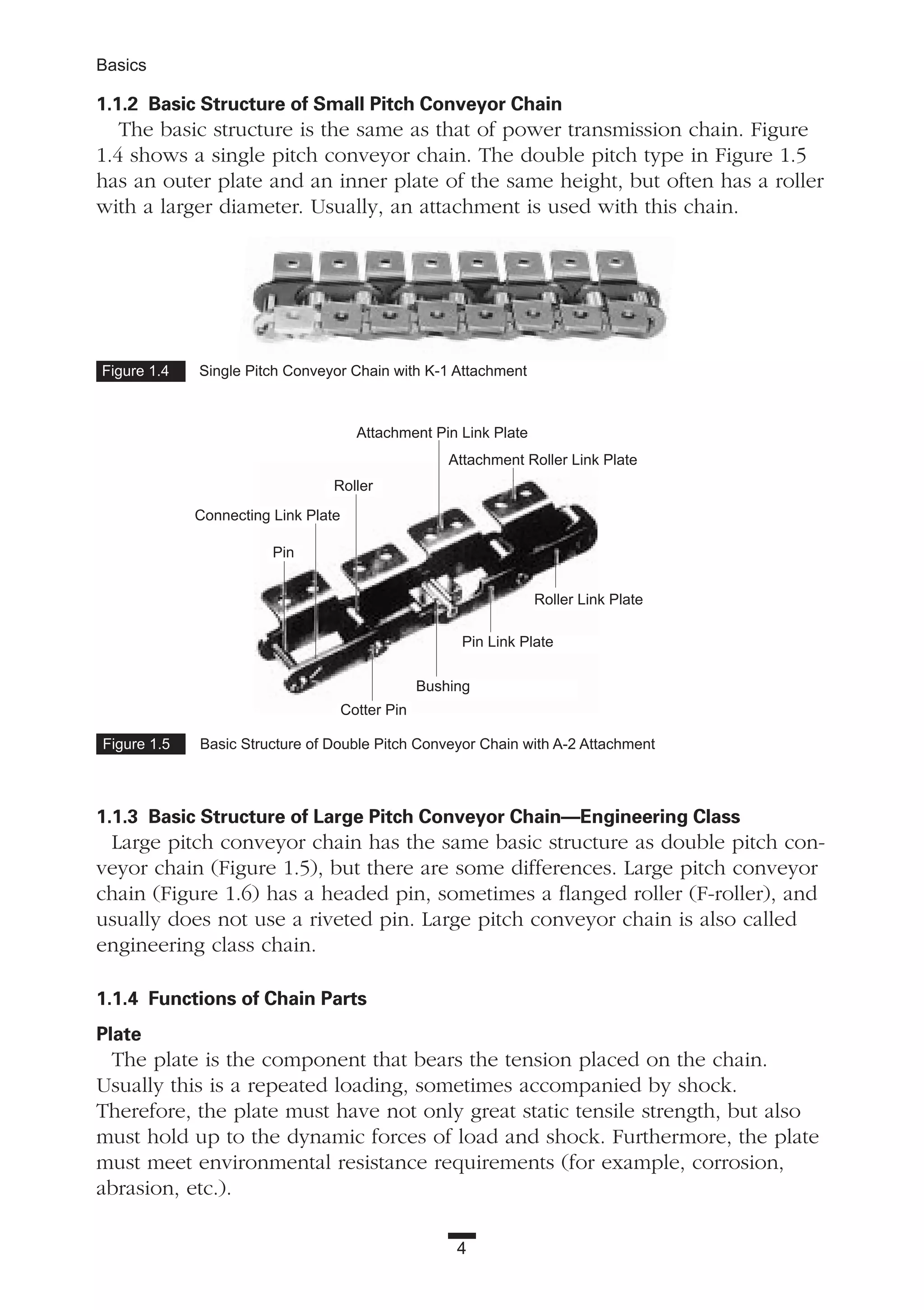 1.1.2 Basic Structure of Small Pitch Conveyor Chain
The basic structure is the same as that of power transmission chain. Figure
1.4 shows a single pitch conveyor chain. The double pitch type in Figure 1.5
has an outer plate and an inner plate of the same height, but often has a roller
with a larger diameter. Usually, an attachment is used with this chain.
1.1.3 Basic Structure of Large Pitch Conveyor Chain—Engineering Class
Large pitch conveyor chain has the same basic structure as double pitch con-
veyor chain (Figure 1.5), but there are some differences. Large pitch conveyor
chain (Figure 1.6) has a headed pin, sometimes a flanged roller (F-roller), and
usually does not use a riveted pin. Large pitch conveyor chain is also called
engineering class chain.
1.1.4 Functions of Chain Parts
Plate
The plate is the component that bears the tension placed on the chain.
Usually this is a repeated loading, sometimes accompanied by shock.
Therefore, the plate must have not only great static tensile strength, but also
must hold up to the dynamic forces of load and shock. Furthermore, the plate
must meet environmental resistance requirements (for example, corrosion,
abrasion, etc.).
4
Basics
Figure 1.5 Basic Structure of Double Pitch Conveyor Chain with A-2 Attachment
Figure 1.4 Single Pitch Conveyor Chain with K-1 Attachment
Pin
Connecting Link Plate
Roller
Attachment Roller Link Plate
Attachment Pin Link Plate
Cotter Pin
Roller Link Plate
Pin Link Plate
Bushing
 