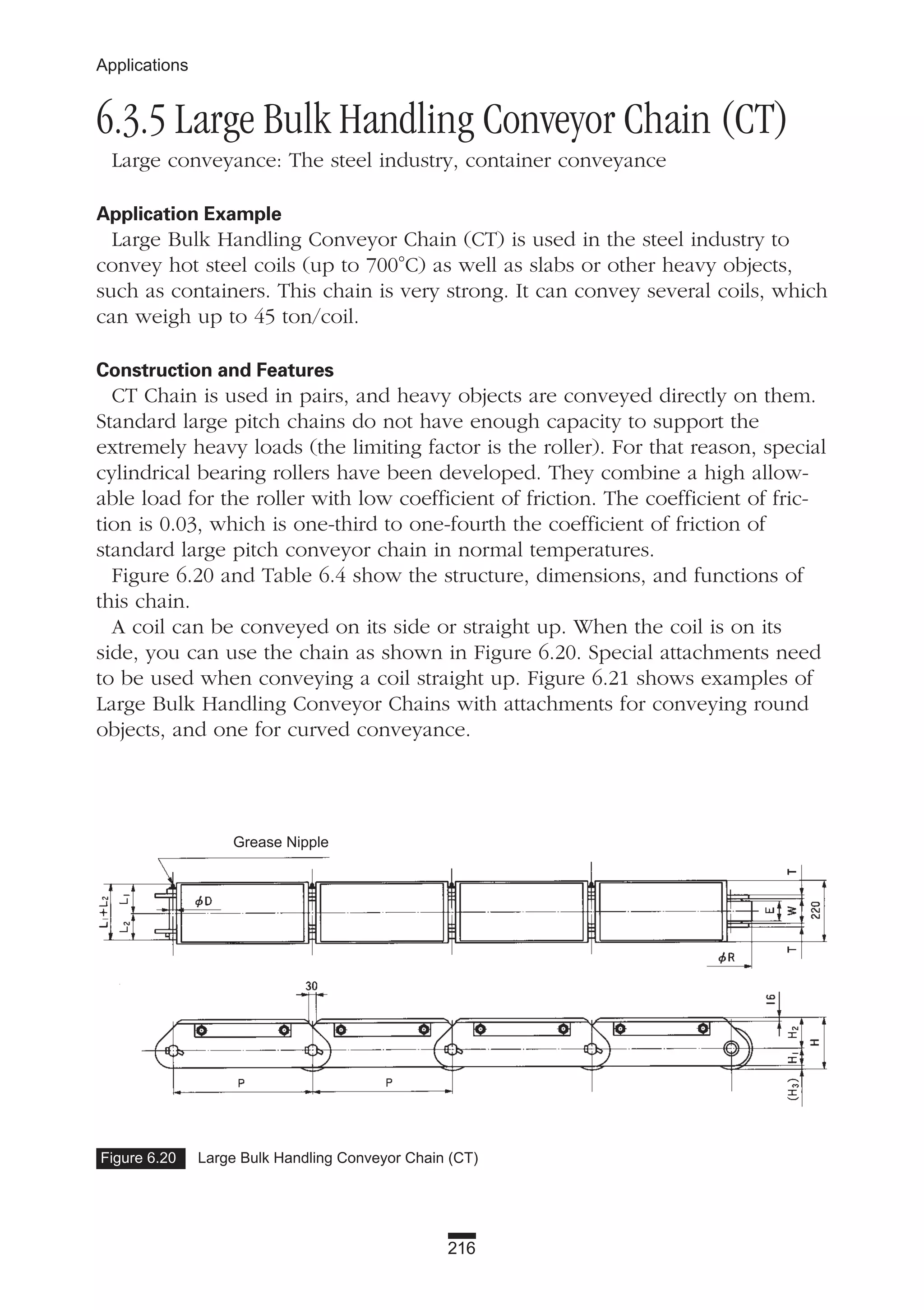 216
Applications
6.3.5 Large Bulk Handling Conveyor Chain (CT)
Large conveyance: The steel industry, container conveyance
Application Example
Large Bulk Handling Conveyor Chain (CT) is used in the steel industry to
convey hot steel coils (up to 700°C) as well as slabs or other heavy objects,
such as containers. This chain is very strong. It can convey several coils, which
can weigh up to 45 ton/coil.
Construction and Features
CT Chain is used in pairs, and heavy objects are conveyed directly on them.
Standard large pitch chains do not have enough capacity to support the
extremely heavy loads (the limiting factor is the roller). For that reason, special
cylindrical bearing rollers have been developed. They combine a high allow-
able load for the roller with low coefficient of friction. The coefficient of fric-
tion is 0.03, which is one-third to one-fourth the coefficient of friction of
standard large pitch conveyor chain in normal temperatures.
Figure 6.20 and Table 6.4 show the structure, dimensions, and functions of
this chain.
A coil can be conveyed on its side or straight up. When the coil is on its
side, you can use the chain as shown in Figure 6.20. Special attachments need
to be used when conveying a coil straight up. Figure 6.21 shows examples of
Large Bulk Handling Conveyor Chains with attachments for conveying round
objects, and one for curved conveyance.
Figure 6.20 Large Bulk Handling Conveyor Chain (CT)
Grease Nipple
 