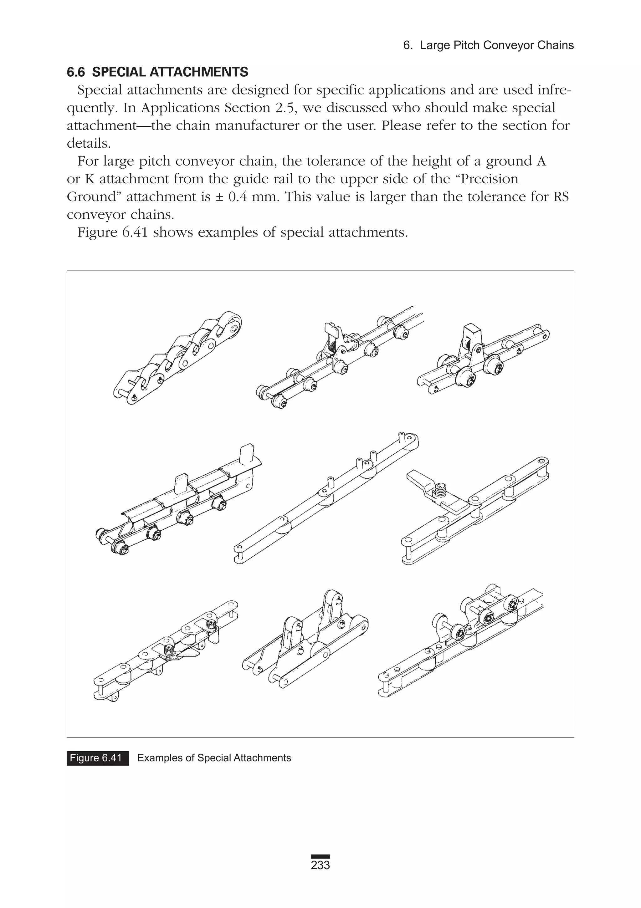 233
6. Large Pitch Conveyor Chains
6.6 SPECIAL ATTACHMENTS
Special attachments are designed for specific applications and are used infre-
quently. In Applications Section 2.5, we discussed who should make special
attachment—the chain manufacturer or the user. Please refer to the section for
details.
For large pitch conveyor chain, the tolerance of the height of a ground A
or K attachment from the guide rail to the upper side of the “Precision
Ground” attachment is ± 0.4 mm. This value is larger than the tolerance for RS
conveyor chains.
Figure 6.41 shows examples of special attachments.
Figure 6.41 Examples of Special Attachments
 