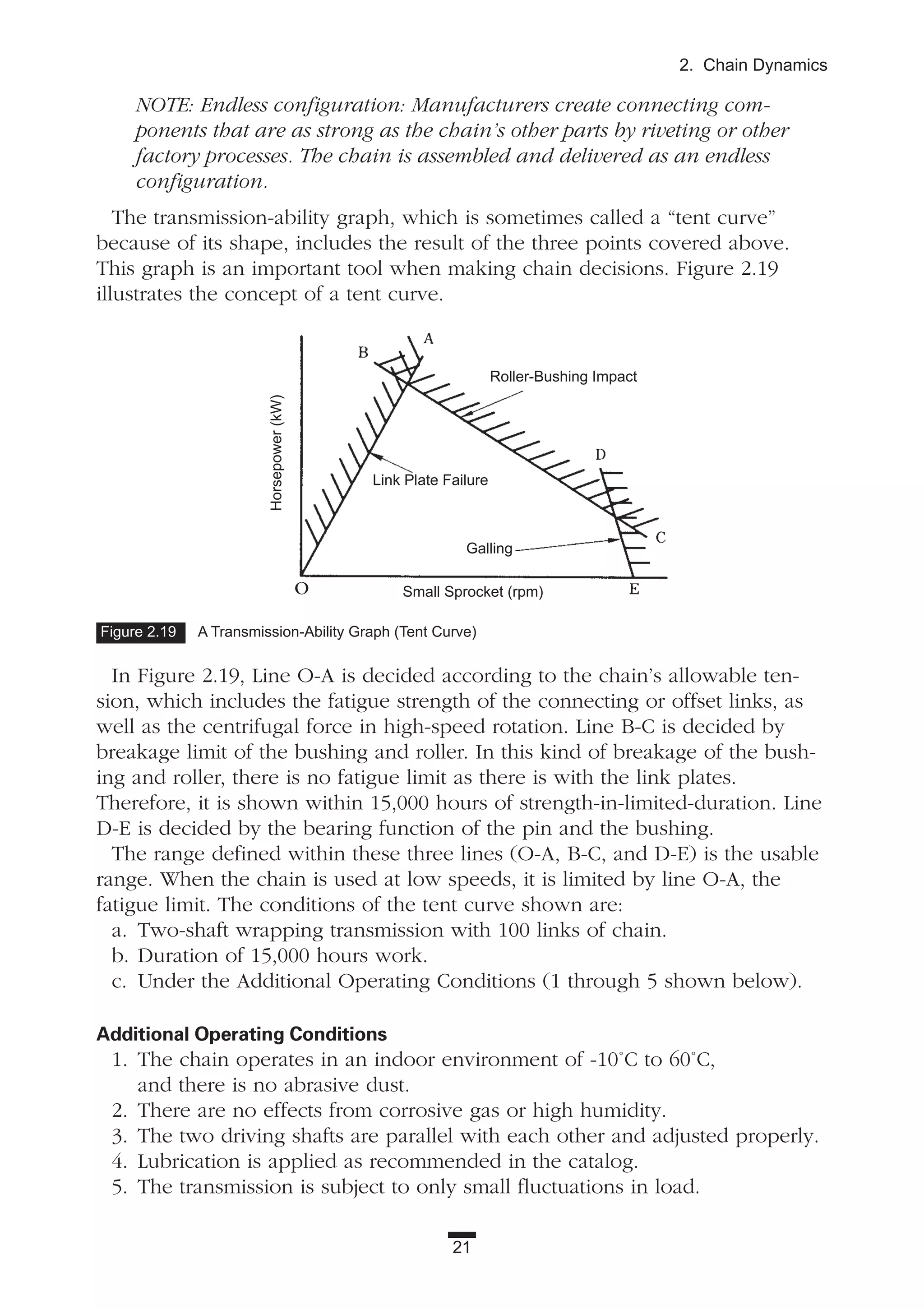 21
2. Chain Dynamics
NOTE: Endless configuration: Manufacturers create connecting com-
ponents that are as strong as the chain’s other parts by riveting or other
factory processes. The chain is assembled and delivered as an endless
configuration.
The transmission-ability graph, which is sometimes called a “tent curve”
because of its shape, includes the result of the three points covered above.
This graph is an important tool when making chain decisions. Figure 2.19
illustrates the concept of a tent curve.
In Figure 2.19, Line O-A is decided according to the chain’s allowable ten-
sion, which includes the fatigue strength of the connecting or offset links, as
well as the centrifugal force in high-speed rotation. Line B-C is decided by
breakage limit of the bushing and roller. In this kind of breakage of the bush-
ing and roller, there is no fatigue limit as there is with the link plates.
Therefore, it is shown within 15,000 hours of strength-in-limited-duration. Line
D-E is decided by the bearing function of the pin and the bushing.
The range defined within these three lines (O-A, B-C, and D-E) is the usable
range. When the chain is used at low speeds, it is limited by line O-A, the
fatigue limit. The conditions of the tent curve shown are:
a. Two-shaft wrapping transmission with 100 links of chain.
b. Duration of 15,000 hours work.
c. Under the Additional Operating Conditions (1 through 5 shown below).
Additional Operating Conditions
1. The chain operates in an indoor environment of -10˚C to 60˚C,
and there is no abrasive dust.
2. There are no effects from corrosive gas or high humidity.
3. The two driving shafts are parallel with each other and adjusted properly.
4. Lubrication is applied as recommended in the catalog.
5. The transmission is subject to only small fluctuations in load.
Figure 2.19 A Transmission-Ability Graph (Tent Curve)
Roller-Bushing Impact
Link Plate Failure
Galling
Small Sprocket (rpm)
Horsepower(kW)
O
 