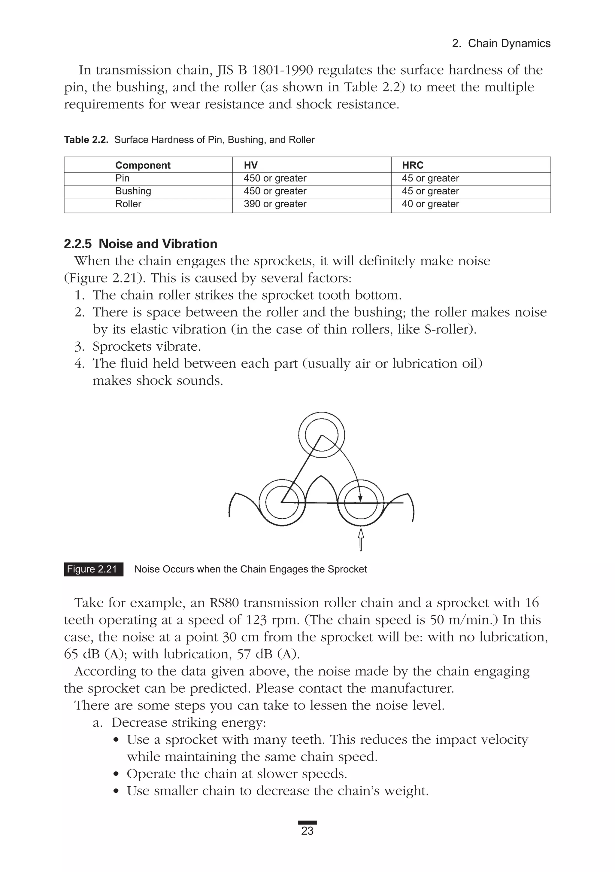 In transmission chain, JIS B 1801-1990 regulates the surface hardness of the
pin, the bushing, and the roller (as shown in Table 2.2) to meet the multiple
requirements for wear resistance and shock resistance.
2.2.5 Noise and Vibration
When the chain engages the sprockets, it will definitely make noise
(Figure 2.21). This is caused by several factors:
1. The chain roller strikes the sprocket tooth bottom.
2. There is space between the roller and the bushing; the roller makes noise
by its elastic vibration (in the case of thin rollers, like S-roller).
3. Sprockets vibrate.
4. The fluid held between each part (usually air or lubrication oil)
makes shock sounds.
Take for example, an RS80 transmission roller chain and a sprocket with 16
teeth operating at a speed of 123 rpm. (The chain speed is 50 m/min.) In this
case, the noise at a point 30 cm from the sprocket will be: with no lubrication,
65 dB (A); with lubrication, 57 dB (A).
According to the data given above, the noise made by the chain engaging
the sprocket can be predicted. Please contact the manufacturer.
There are some steps you can take to lessen the noise level.
a. Decrease striking energy:
• Use a sprocket with many teeth. This reduces the impact velocity
while maintaining the same chain speed.
• Operate the chain at slower speeds.
• Use smaller chain to decrease the chain’s weight.
23
2. Chain Dynamics
Figure 2.21 Noise Occurs when the Chain Engages the Sprocket
Table 2.2. Surface Hardness of Pin, Bushing, and Roller
Component HV HRC
Pin 450 or greater 45 or greater
Bushing 450 or greater 45 or greater
Roller 390 or greater 40 or greater
 