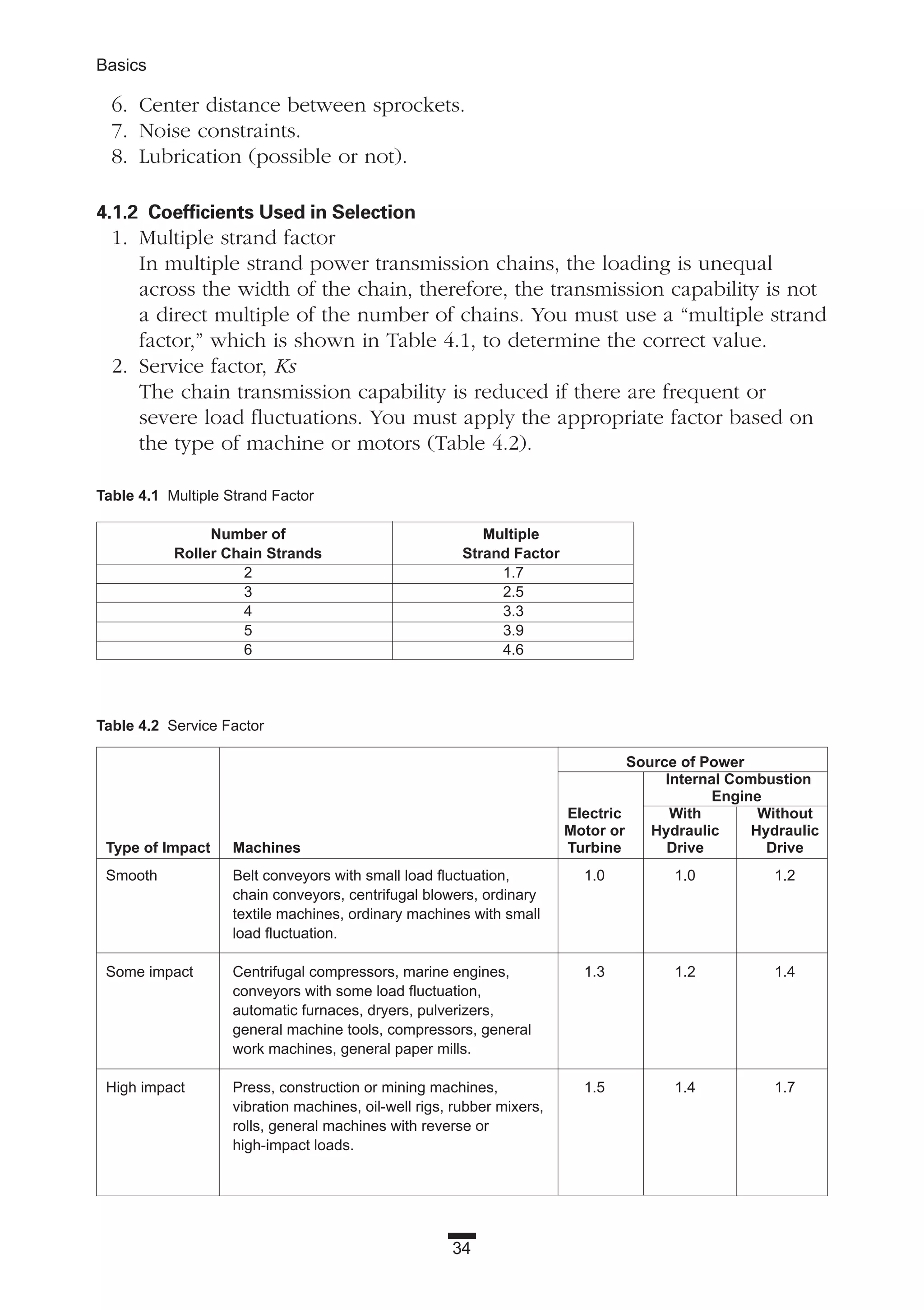 Table 4.1 Multiple Strand Factor
Number of Multiple
Roller Chain Strands Strand Factor
2 1.7
3 2.5
4 3.3
5 3.9
6 4.6
34
Basics
6. Center distance between sprockets.
7. Noise constraints.
8. Lubrication (possible or not).
4.1.2 Coefficients Used in Selection
1. Multiple strand factor
In multiple strand power transmission chains, the loading is unequal
across the width of the chain, therefore, the transmission capability is not
a direct multiple of the number of chains. You must use a “multiple strand
factor,” which is shown in Table 4.1, to determine the correct value.
2. Service factor, Ks
The chain transmission capability is reduced if there are frequent or
severe load fluctuations. You must apply the appropriate factor based on
the type of machine or motors (Table 4.2).
Table 4.2 Service Factor
Source of Power
Internal Combustion
Engine
Electric With Without
Motor or Hydraulic Hydraulic
Type of Impact Machines Turbine Drive Drive
Smooth Belt conveyors with small load fluctuation, 1.0 1.0 1.2
chain conveyors, centrifugal blowers, ordinary
textile machines, ordinary machines with small
load fluctuation.
Some impact Centrifugal compressors, marine engines, 1.3 1.2 1.4
conveyors with some load fluctuation,
automatic furnaces, dryers, pulverizers,
general machine tools, compressors, general
work machines, general paper mills.
High impact Press, construction or mining machines, 1.5 1.4 1.7
vibration machines, oil-well rigs, rubber mixers,
rolls, general machines with reverse or
high-impact loads.
 