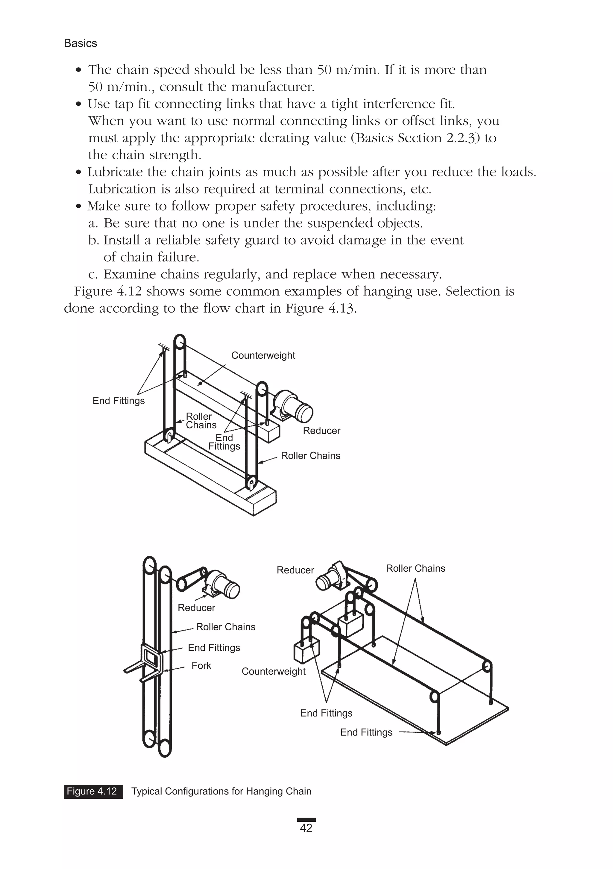 42
Basics
Figure 4.12 Typical Configurations for Hanging Chain
• The chain speed should be less than 50 m/min. If it is more than
50 m/min., consult the manufacturer.
• Use tap fit connecting links that have a tight interference fit.
When you want to use normal connecting links or offset links, you
must apply the appropriate derating value (Basics Section 2.2.3) to
the chain strength.
• Lubricate the chain joints as much as possible after you reduce the loads.
Lubrication is also required at terminal connections, etc.
• Make sure to follow proper safety procedures, including:
a. Be sure that no one is under the suspended objects.
b. Install a reliable safety guard to avoid damage in the event
of chain failure.
c. Examine chains regularly, and replace when necessary.
Figure 4.12 shows some common examples of hanging use. Selection is
done according to the flow chart in Figure 4.13.
Counterweight
Counterweight
End
Fittings
Roller Chains
Roller Chains
Roller Chains
End Fittings
End Fittings
End Fittings
Fork
End Fittings
Roller
Chains
Reducer
Reducer
Reducer
 