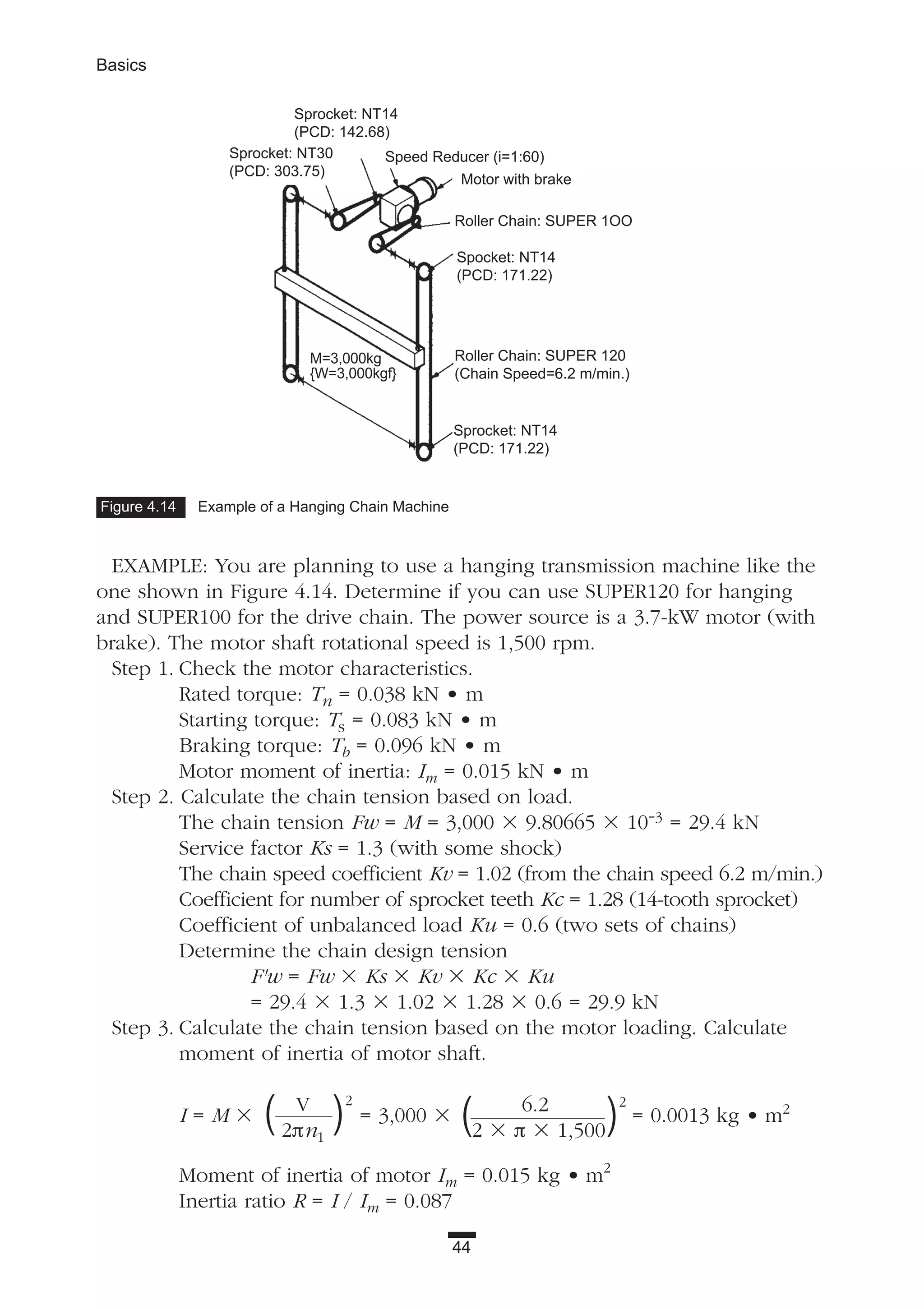 44
Basics
EXAMPLE: You are planning to use a hanging transmission machine like the
one shown in Figure 4.14. Determine if you can use SUPER120 for hanging
and SUPER100 for the drive chain. The power source is a 3.7-kW motor (with
brake). The motor shaft rotational speed is 1,500 rpm.
Step 1. Check the motor characteristics.
Rated torque: Tn = 0.038 kN • m
Starting torque: Ts = 0.083 kN • m
Braking torque: Tb = 0.096 kN • m
Motor moment of inertia: Im = 0.015 kN • m
Step 2. Calculate the chain tension based on load.
The chain tension Fw = M = 3,000 ϫ 9.80665 ϫ 10-3 = 29.4 kN
Service factor Ks = 1.3 (with some shock)
The chain speed coefficient Kv = 1.02 (from the chain speed 6.2 m/min.)
Coefficient for number of sprocket teeth Kc = 1.28 (14-tooth sprocket)
Coefficient of unbalanced load Ku = 0.6 (two sets of chains)
Determine the chain design tension
F'w = Fw ϫ Ks ϫ Kv ϫ Kc ϫ Ku
= 29.4 ϫ 1.3 ϫ 1.02 ϫ 1.28 ϫ 0.6 = 29.9 kN
Step 3. Calculate the chain tension based on the motor loading. Calculate
moment of inertia of motor shaft.
I = M ϫ
V
= 3,000 ϫ
6.2
= 0.0013 kg • m2
2πn1 2 ϫ π ϫ 1,500
Moment of inertia of motor Im = 0.015 kg • m2
Inertia ratio R = I / Im = 0.087
Figure 4.14 Example of a Hanging Chain Machine
( )
2
( )
2
Speed Reducer (i=1:60)
Motor with brake
Roller Chain: SUPER 1OO
Spocket: NT14
(PCD: 171.22)
Roller Chain: SUPER 120
(Chain Speed=6.2 m/min.)
Sprocket: NT14
(PCD: 171.22)
Sprocket: NT14
(PCD: 142.68)
Sprocket: NT30
(PCD: 303.75)
M=3,000kg
{W=3,000kgf}
 
