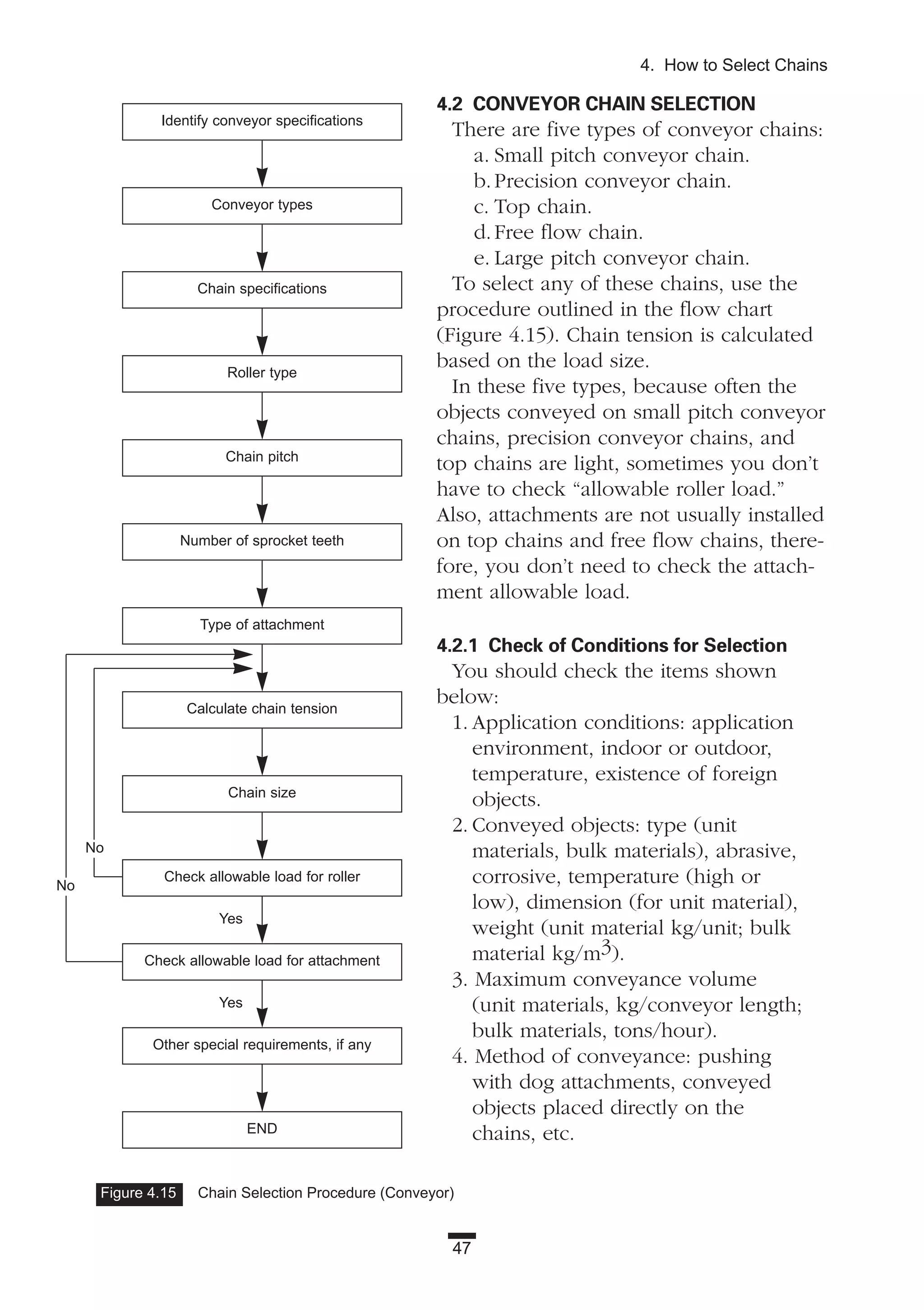 47
4. How to Select Chains
Figure 4.15 Chain Selection Procedure (Conveyor)
4.2 CONVEYOR CHAIN SELECTION
There are five types of conveyor chains:
a. Small pitch conveyor chain.
b.Precision conveyor chain.
c. Top chain.
d.Free flow chain.
e. Large pitch conveyor chain.
To select any of these chains, use the
procedure outlined in the flow chart
(Figure 4.15). Chain tension is calculated
based on the load size.
In these five types, because often the
objects conveyed on small pitch conveyor
chains, precision conveyor chains, and
top chains are light, sometimes you don’t
have to check “allowable roller load.”
Also, attachments are not usually installed
on top chains and free flow chains, there-
fore, you don’t need to check the attach-
ment allowable load.
4.2.1 Check of Conditions for Selection
You should check the items shown
below:
1. Application conditions: application
environment, indoor or outdoor,
temperature, existence of foreign
objects.
2. Conveyed objects: type (unit
materials, bulk materials), abrasive,
corrosive, temperature (high or
low), dimension (for unit material),
weight (unit material kg/unit; bulk
material kg/m3).
3. Maximum conveyance volume
(unit materials, kg/conveyor length;
bulk materials, tons/hour).
4. Method of conveyance: pushing
with dog attachments, conveyed
objects placed directly on the
chains, etc.
Identify conveyor specifications
Conveyor types
Chain specifications
Roller type
Chain pitch
Number of sprocket teeth
Type of attachment
Calculate chain tension
Chain size
Check allowable load for roller
Check allowable load for attachment
Other special requirements, if any
END
No
No
Yes
Yes
 