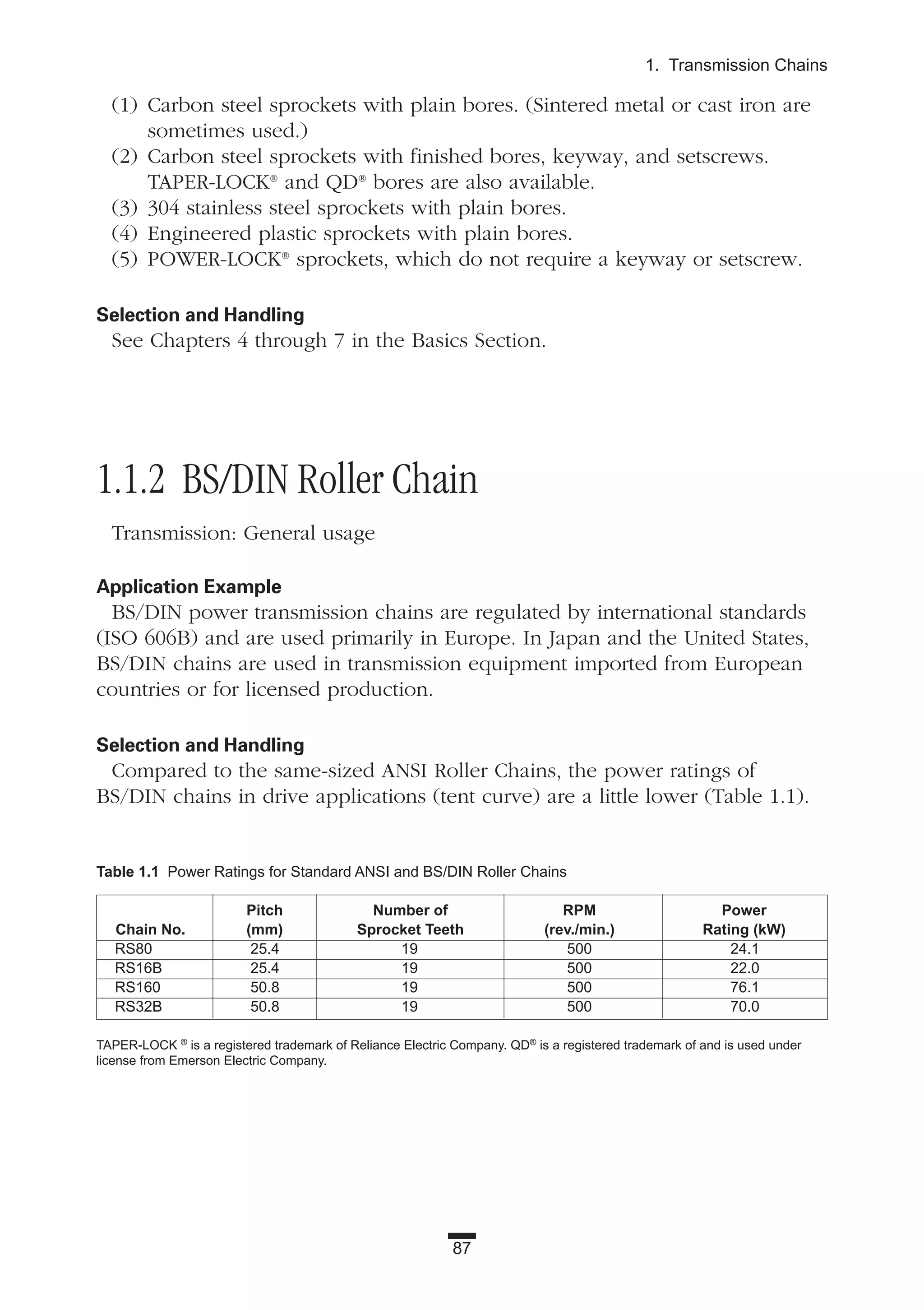 87
1. Transmission Chains
(1) Carbon steel sprockets with plain bores. (Sintered metal or cast iron are
sometimes used.)
(2) Carbon steel sprockets with finished bores, keyway, and setscrews.
TAPER-LOCK®
and QD®
bores are also available.
(3) 304 stainless steel sprockets with plain bores.
(4) Engineered plastic sprockets with plain bores.
(5) POWER-LOCK®
sprockets, which do not require a keyway or setscrew.
Selection and Handling
See Chapters 4 through 7 in the Basics Section.
1.1.2 BS/DIN Roller Chain
Transmission: General usage
Application Example
BS/DIN power transmission chains are regulated by international standards
(ISO 606B) and are used primarily in Europe. In Japan and the United States,
BS/DIN chains are used in transmission equipment imported from European
countries or for licensed production.
Selection and Handling
Compared to the same-sized ANSI Roller Chains, the power ratings of
BS/DIN chains in drive applications (tent curve) are a little lower (Table 1.1).
Table 1.1 Power Ratings for Standard ANSI and BS/DIN Roller Chains
Pitch Number of RPM Power
Chain No. (mm) Sprocket Teeth (rev./min.) Rating (kW)
RS80 25.4 19 500 24.1
RS16B 25.4 19 500 22.0
RS160 50.8 19 500 76.1
RS32B 50.8 19 500 70.0
TAPER-LOCK ®
is a registered trademark of Reliance Electric Company. QD®
is a registered trademark of and is used under
license from Emerson Electric Company.
 