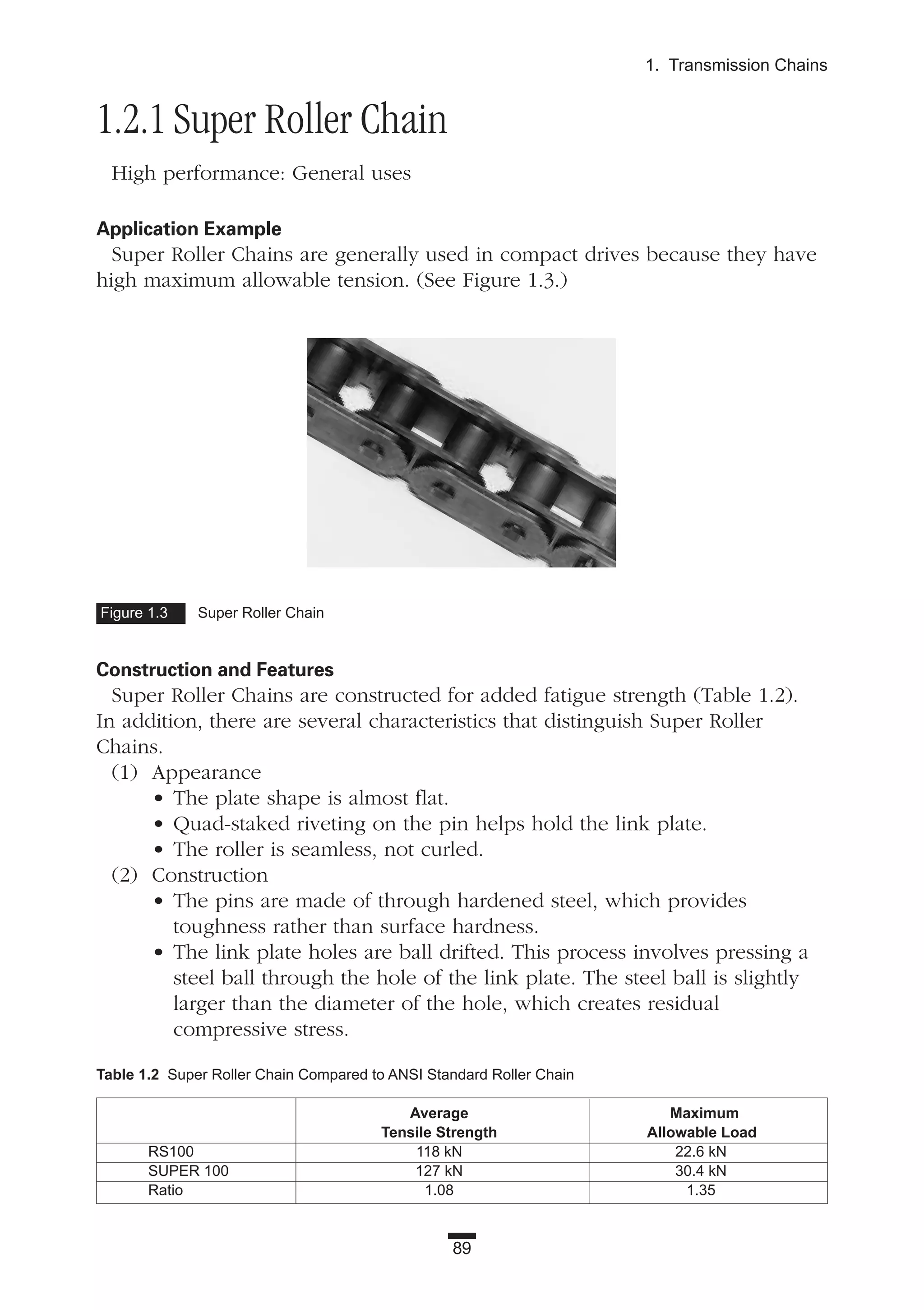 89
1. Transmission Chains
1.2.1 Super Roller Chain
High performance: General uses
Application Example
Super Roller Chains are generally used in compact drives because they have
high maximum allowable tension. (See Figure 1.3.)
Construction and Features
Super Roller Chains are constructed for added fatigue strength (Table 1.2).
In addition, there are several characteristics that distinguish Super Roller
Chains.
(1) Appearance
• The plate shape is almost flat.
• Quad-staked riveting on the pin helps hold the link plate.
• The roller is seamless, not curled.
(2) Construction
• The pins are made of through hardened steel, which provides
toughness rather than surface hardness.
• The link plate holes are ball drifted. This process involves pressing a
steel ball through the hole of the link plate. The steel ball is slightly
larger than the diameter of the hole, which creates residual
compressive stress.
Figure 1.3 Super Roller Chain
Table 1.2 Super Roller Chain Compared to ANSI Standard Roller Chain
Average Maximum
Tensile Strength Allowable Load
RS100 118 kN 22.6 kN
SUPER 100 127 kN 30.4 kN
Ratio 1.08 1.35
 