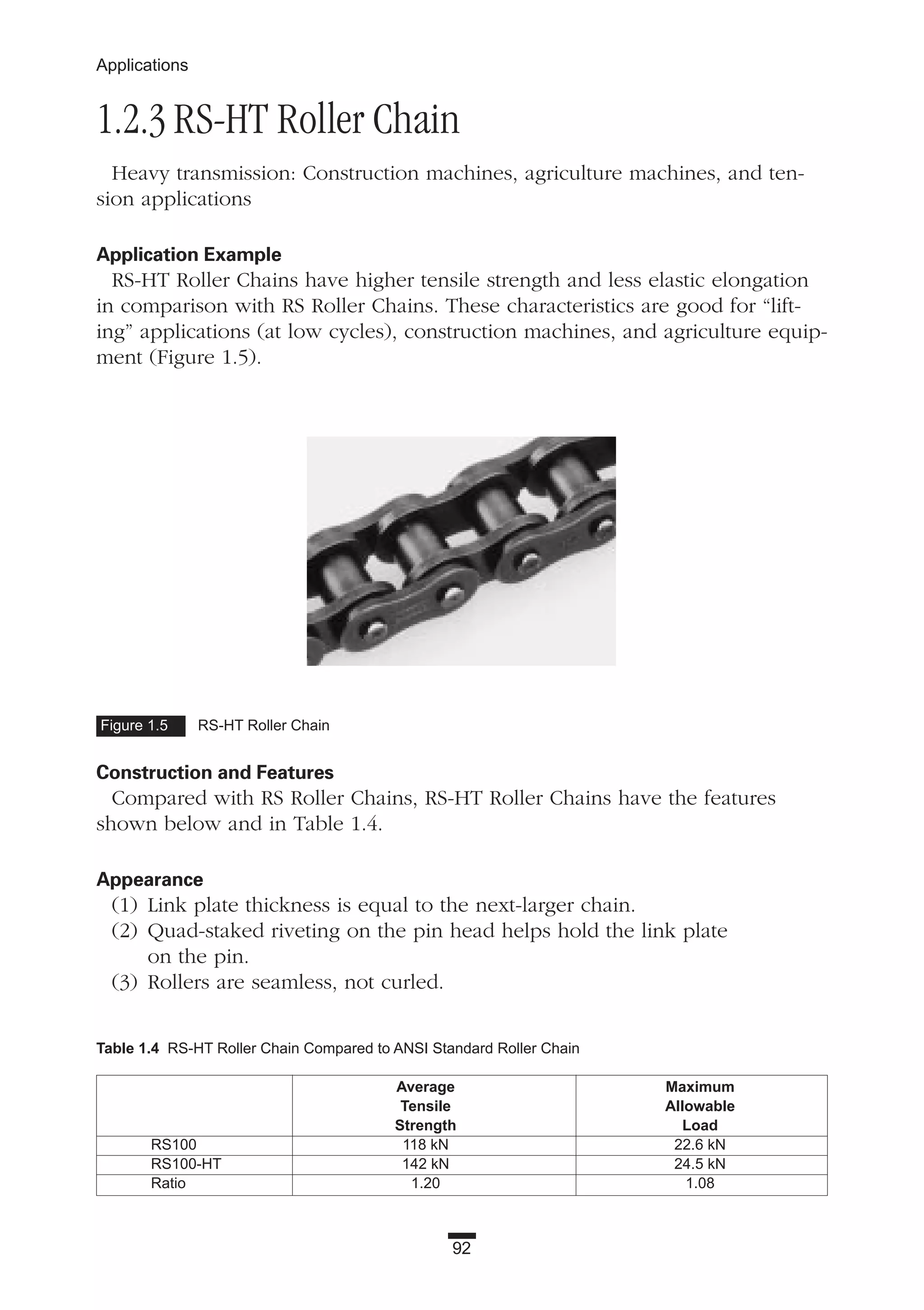 1.2.3 RS-HT Roller Chain
Heavy transmission: Construction machines, agriculture machines, and ten-
sion applications
Application Example
RS-HT Roller Chains have higher tensile strength and less elastic elongation
in comparison with RS Roller Chains. These characteristics are good for “lift-
ing” applications (at low cycles), construction machines, and agriculture equip-
ment (Figure 1.5).
Construction and Features
Compared with RS Roller Chains, RS-HT Roller Chains have the features
shown below and in Table 1.4.
Appearance
(1) Link plate thickness is equal to the next-larger chain.
(2) Quad-staked riveting on the pin head helps hold the link plate
on the pin.
(3) Rollers are seamless, not curled.
92
Applications
Figure 1.5 RS-HT Roller Chain
Table 1.4 RS-HT Roller Chain Compared to ANSI Standard Roller Chain
Average Maximum
Tensile Allowable
Strength Load
RS100 118 kN 22.6 kN
RS100-HT 142 kN 24.5 kN
Ratio 1.20 1.08
 