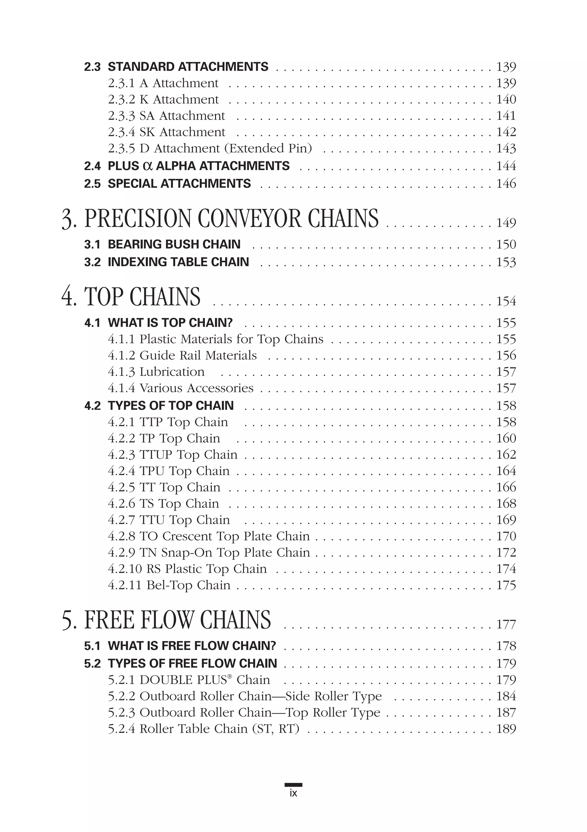 ix
2.3 STANDARD ATTACHMENTS . . . . . . . . . . . . . . . . . . . . . . . . . . . . 139
2.3.1 A Attachment . . . . . . . . . . . . . . . . . . . . . . . . . . . . . . . . . . 139
2.3.2 K Attachment . . . . . . . . . . . . . . . . . . . . . . . . . . . . . . . . . . 140
2.3.3 SA Attachment . . . . . . . . . . . . . . . . . . . . . . . . . . . . . . . . . 141
2.3.4 SK Attachment . . . . . . . . . . . . . . . . . . . . . . . . . . . . . . . . . 142
2.3.5 D Attachment (Extended Pin) . . . . . . . . . . . . . . . . . . . . . . 143
2.4 PLUS α ALPHA ATTACHMENTS . . . . . . . . . . . . . . . . . . . . . . . . . 144
2.5 SPECIAL ATTACHMENTS . . . . . . . . . . . . . . . . . . . . . . . . . . . . . . 146
3. PRECISION CONVEYOR CHAINS . . . . . . . . . . . . . . 149
3.1 BEARING BUSH CHAIN . . . . . . . . . . . . . . . . . . . . . . . . . . . . . . . 150
3.2 INDEXING TABLE CHAIN . . . . . . . . . . . . . . . . . . . . . . . . . . . . . . 153
4. TOP CHAINS . . . . . . . . . . . . . . . . . . . . . . . . . . . . . . . . . . . . 154
4.1 WHAT IS TOP CHAIN? . . . . . . . . . . . . . . . . . . . . . . . . . . . . . . . . 155
4.1.1 Plastic Materials for Top Chains . . . . . . . . . . . . . . . . . . . . . 155
4.1.2 Guide Rail Materials . . . . . . . . . . . . . . . . . . . . . . . . . . . . . 156
4.1.3 Lubrication . . . . . . . . . . . . . . . . . . . . . . . . . . . . . . . . . . . 157
4.1.4 Various Accessories . . . . . . . . . . . . . . . . . . . . . . . . . . . . . . 157
4.2 TYPES OF TOP CHAIN . . . . . . . . . . . . . . . . . . . . . . . . . . . . . . . . 158
4.2.1 TTP Top Chain . . . . . . . . . . . . . . . . . . . . . . . . . . . . . . . . 158
4.2.2 TP Top Chain . . . . . . . . . . . . . . . . . . . . . . . . . . . . . . . . . 160
4.2.3 TTUP Top Chain . . . . . . . . . . . . . . . . . . . . . . . . . . . . . . . . 162
4.2.4 TPU Top Chain . . . . . . . . . . . . . . . . . . . . . . . . . . . . . . . . . 164
4.2.5 TT Top Chain . . . . . . . . . . . . . . . . . . . . . . . . . . . . . . . . . . 166
4.2.6 TS Top Chain . . . . . . . . . . . . . . . . . . . . . . . . . . . . . . . . . . 168
4.2.7 TTU Top Chain . . . . . . . . . . . . . . . . . . . . . . . . . . . . . . . . 169
4.2.8 TO Crescent Top Plate Chain . . . . . . . . . . . . . . . . . . . . . . . 170
4.2.9 TN Snap-On Top Plate Chain . . . . . . . . . . . . . . . . . . . . . . . 172
4.2.10 RS Plastic Top Chain . . . . . . . . . . . . . . . . . . . . . . . . . . . . 174
4.2.11 Bel-Top Chain . . . . . . . . . . . . . . . . . . . . . . . . . . . . . . . . . 175
5. FREE FLOW CHAINS . . . . . . . . . . . . . . . . . . . . . . . . . . . 177
5.1 WHAT IS FREE FLOW CHAIN? . . . . . . . . . . . . . . . . . . . . . . . . . . . 178
5.2 TYPES OF FREE FLOW CHAIN . . . . . . . . . . . . . . . . . . . . . . . . . . . 179
5.2.1 DOUBLE PLUS®
Chain . . . . . . . . . . . . . . . . . . . . . . . . . . . 179
5.2.2 Outboard Roller Chain—Side Roller Type . . . . . . . . . . . . . 184
5.2.3 Outboard Roller Chain—Top Roller Type . . . . . . . . . . . . . . 187
5.2.4 Roller Table Chain (ST, RT) . . . . . . . . . . . . . . . . . . . . . . . . 189
 