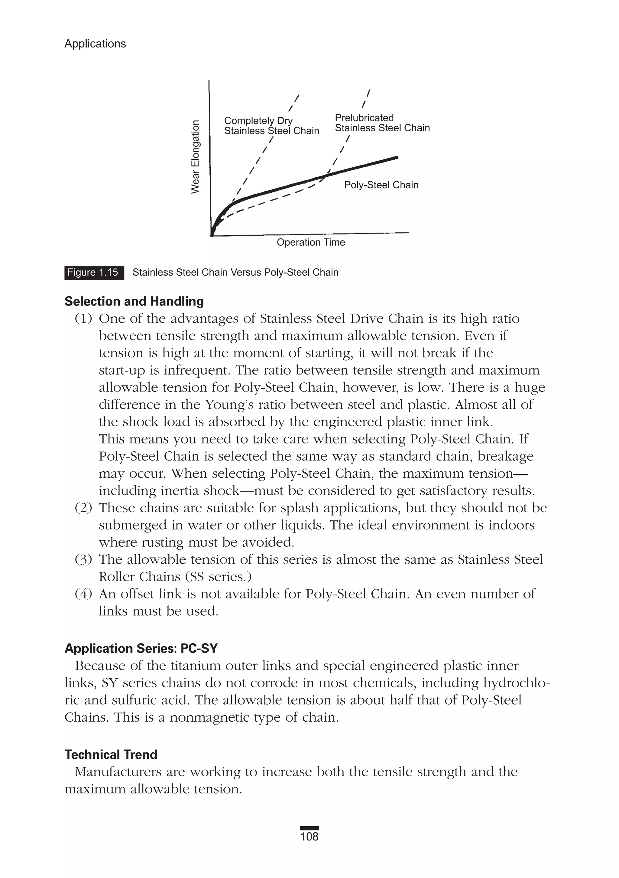 108
Applications
Selection and Handling
(1) One of the advantages of Stainless Steel Drive Chain is its high ratio
between tensile strength and maximum allowable tension. Even if
tension is high at the moment of starting, it will not break if the
start-up is infrequent. The ratio between tensile strength and maximum
allowable tension for Poly-Steel Chain, however, is low. There is a huge
difference in the Young’s ratio between steel and plastic. Almost all of
the shock load is absorbed by the engineered plastic inner link.
This means you need to take care when selecting Poly-Steel Chain. If
Poly-Steel Chain is selected the same way as standard chain, breakage
may occur. When selecting Poly-Steel Chain, the maximum tension—
including inertia shock—must be considered to get satisfactory results.
(2) These chains are suitable for splash applications, but they should not be
submerged in water or other liquids. The ideal environment is indoors
where rusting must be avoided.
(3) The allowable tension of this series is almost the same as Stainless Steel
Roller Chains (SS series.)
(4) An offset link is not available for Poly-Steel Chain. An even number of
links must be used.
Application Series: PC-SY
Because of the titanium outer links and special engineered plastic inner
links, SY series chains do not corrode in most chemicals, including hydrochlo-
ric and sulfuric acid. The allowable tension is about half that of Poly-Steel
Chains. This is a nonmagnetic type of chain.
Technical Trend
Manufacturers are working to increase both the tensile strength and the
maximum allowable tension.
Figure 1.15 Stainless Steel Chain Versus Poly-Steel Chain
WearElongation
Operation Time
Poly-Steel Chain
Prelubricated
Stainless Steel Chain
Completely Dry
Stainless Steel Chain
 