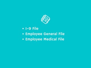 I-9 File
Employee General File
Employee Medical File
 