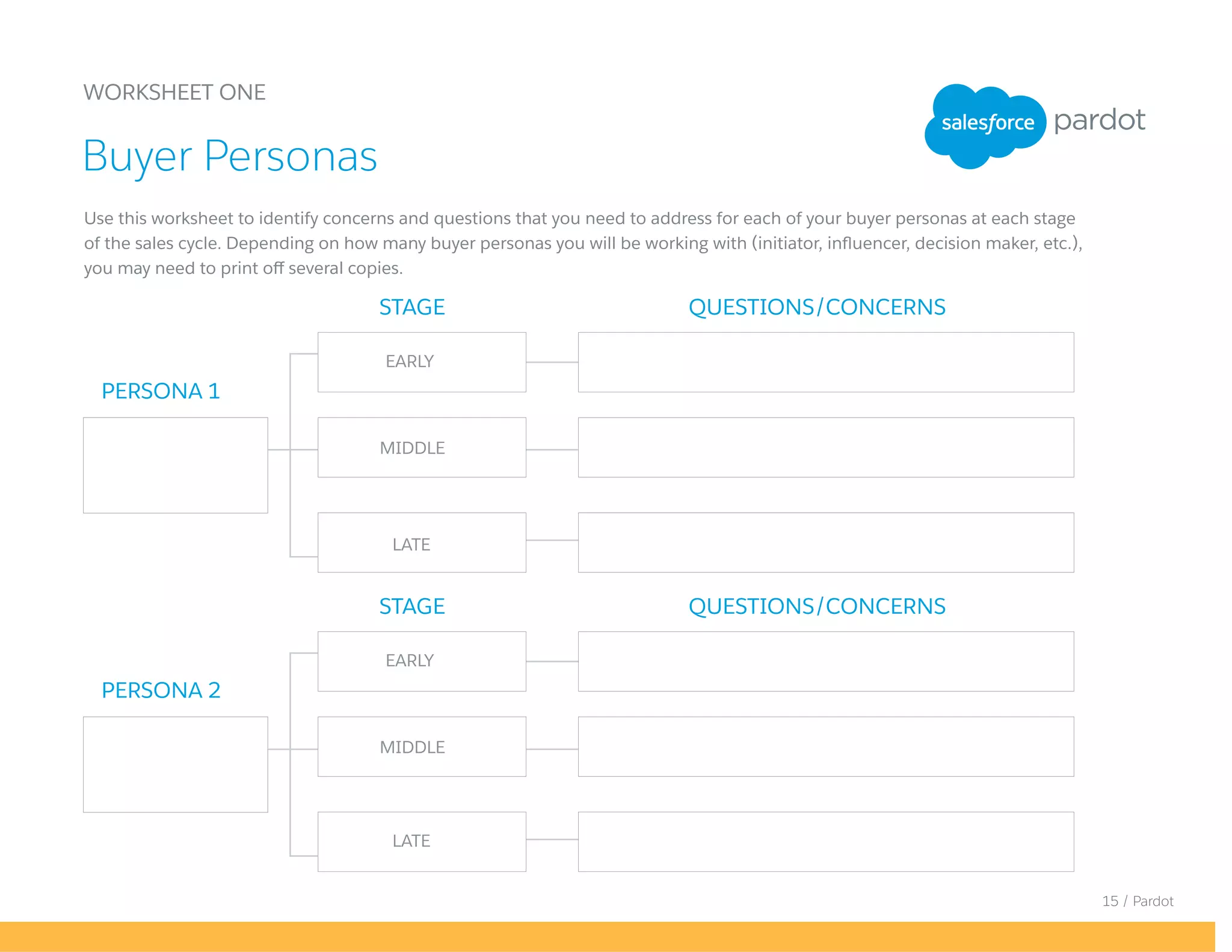 15 / Pardot
WORKSHEET ONE
Use this worksheet to identify concerns and questions that you need to address for each of your buyer personas at each stage
of the sales cycle. Depending on how many buyer personas you will be working with (initiator, influencer, decision maker, etc.),
you may need to print off several copies.
Buyer Personas
PERSONA 1
PERSONA 2
STAGE
STAGE
QUESTIONS/CONCERNS
QUESTIONS/CONCERNS
EARLY
EARLY
MIDDLE
MIDDLE
LATE
LATE
 