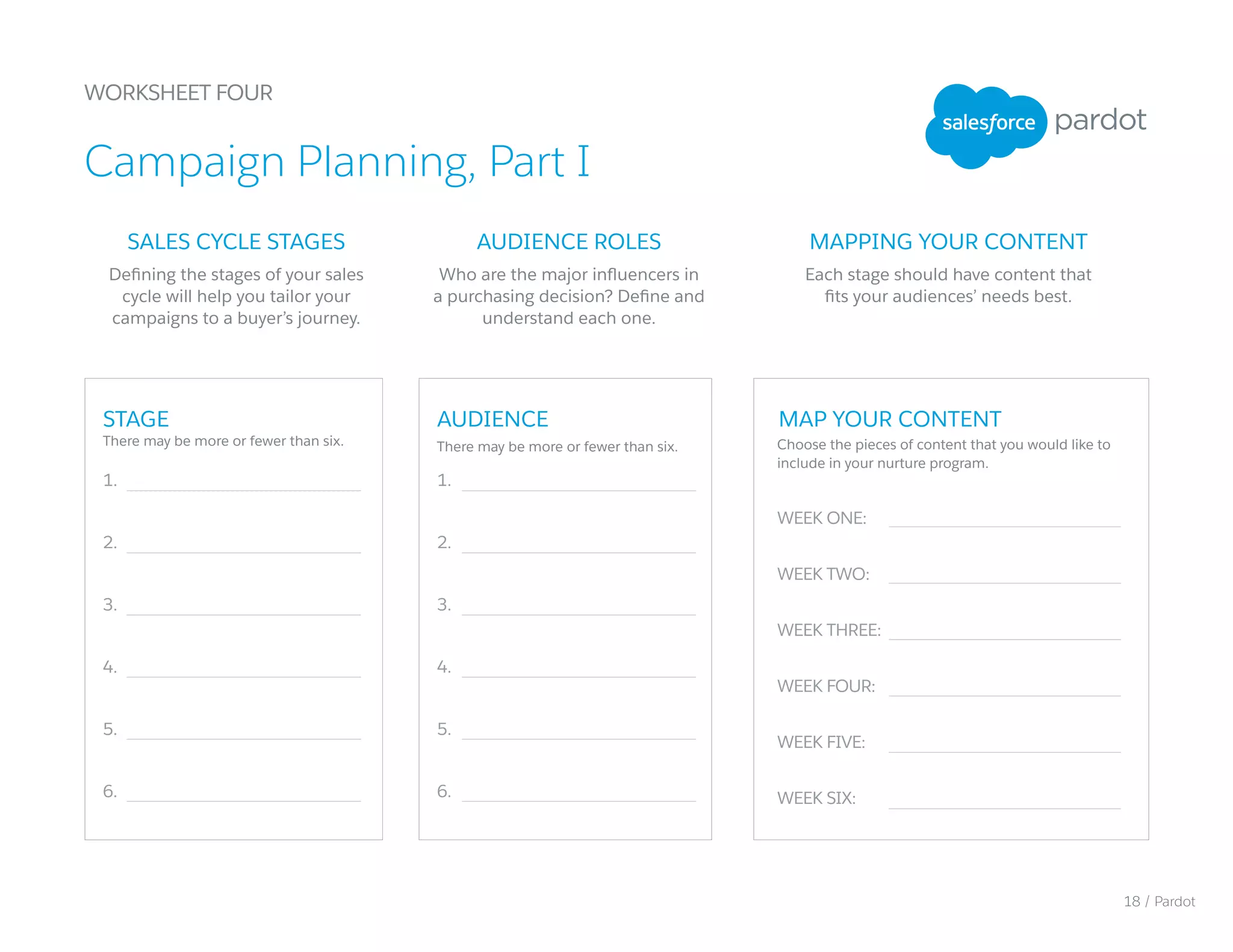 SALES CYCLE STAGES
Defining the stages of your sales
cycle will help you tailor your
campaigns to a buyer’s journey.
AUDIENCE ROLES
Who are the major influencers in
a purchasing decision? Define and
understand each one.
MAPPING YOUR CONTENT
Each stage should have content that
fits your audiences’ needs best.
1.
2.
3.
4.
5.
6.
1.
2.
3.
4.
5.
6.
WEEK ONE:
WEEK TWO:
WEEK THREE:
WEEK FOUR:
WEEK FIVE:
WEEK SIX:
STAGE AUDIENCE MAP YOUR CONTENT
There may be more or fewer than six. There may be more or fewer than six. Choose the pieces of content that you would like to
include in your nurture program.
WORKSHEET FOUR
Campaign Planning, Part I
18 / Pardot
 